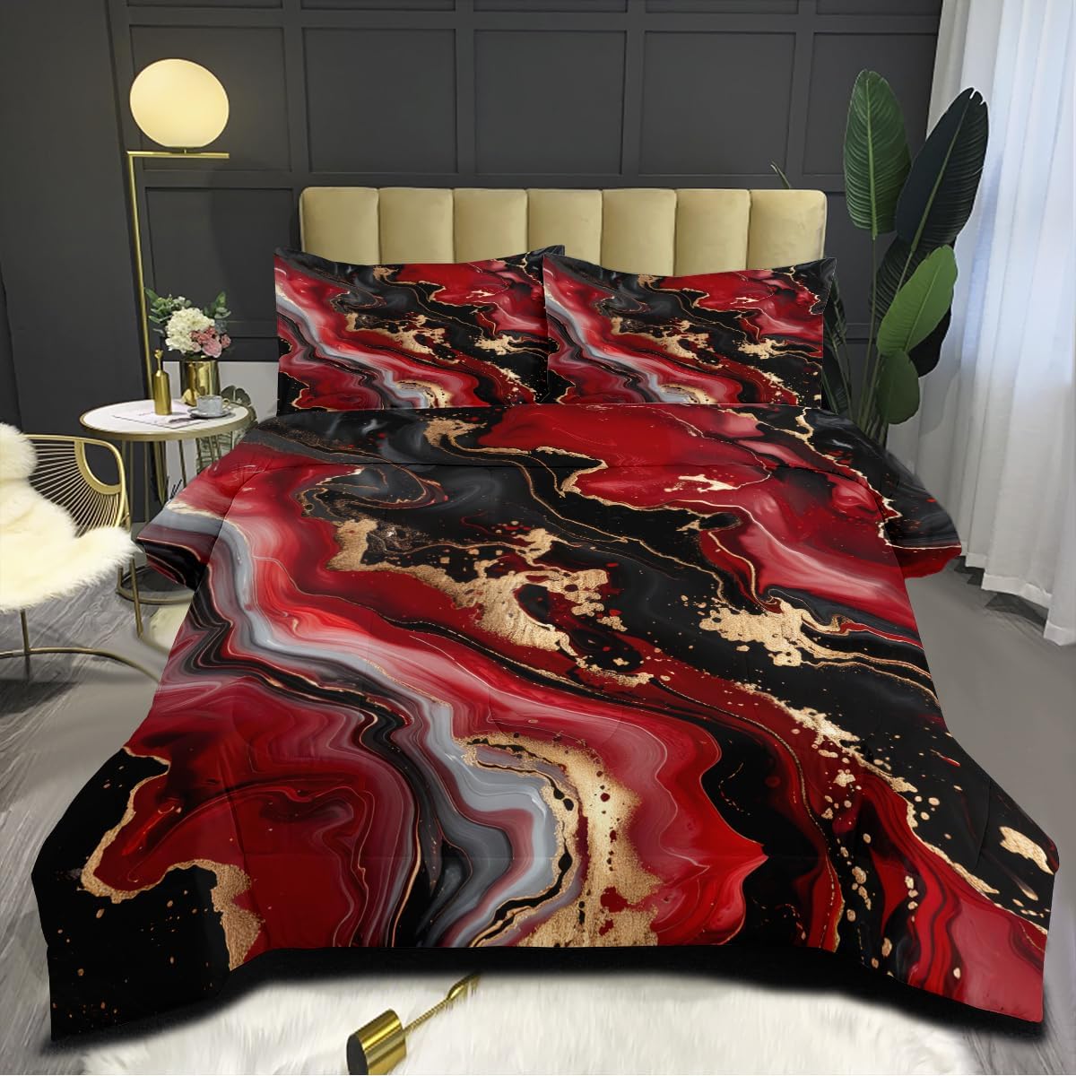 Red Black Marble Comforter Set King Size