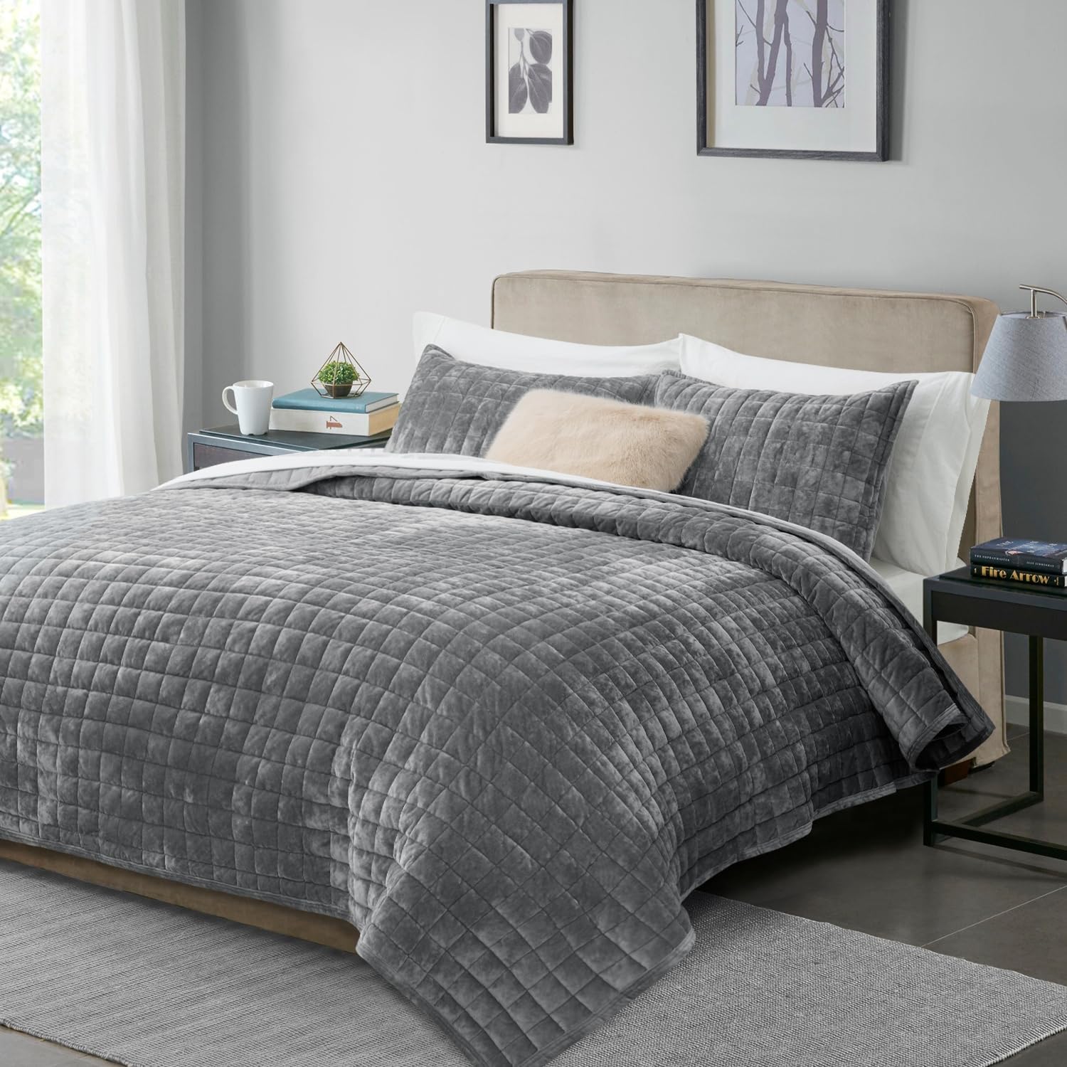 RECYCO Luxury Velvet Quilt Set Twin Size Gray