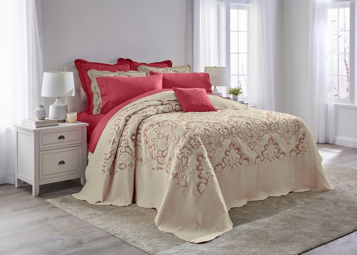 BrylaneHome Ultra Soft Damask Bedspread - Ivory Berry King