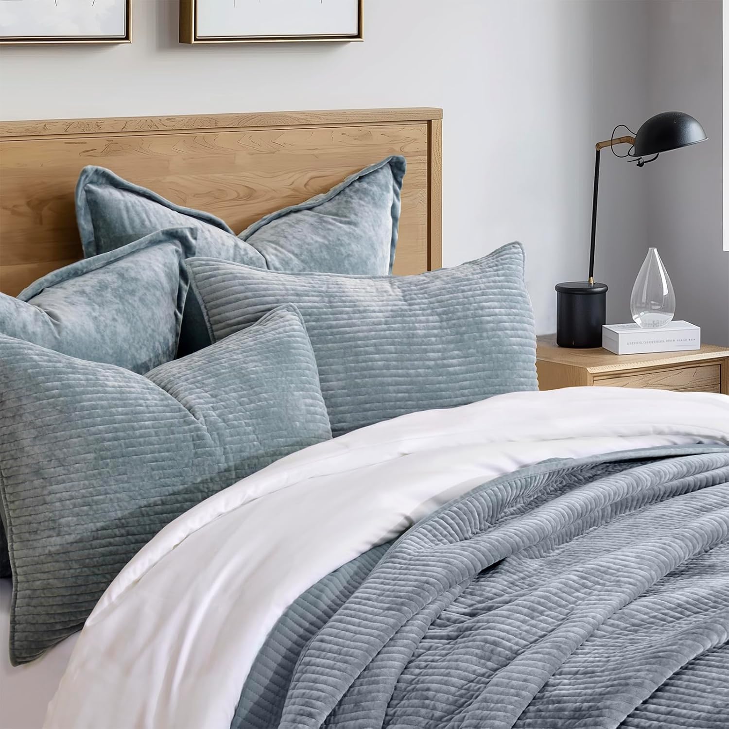 EVERGRACE Velvet Quilt Set King Size - Blue Linen