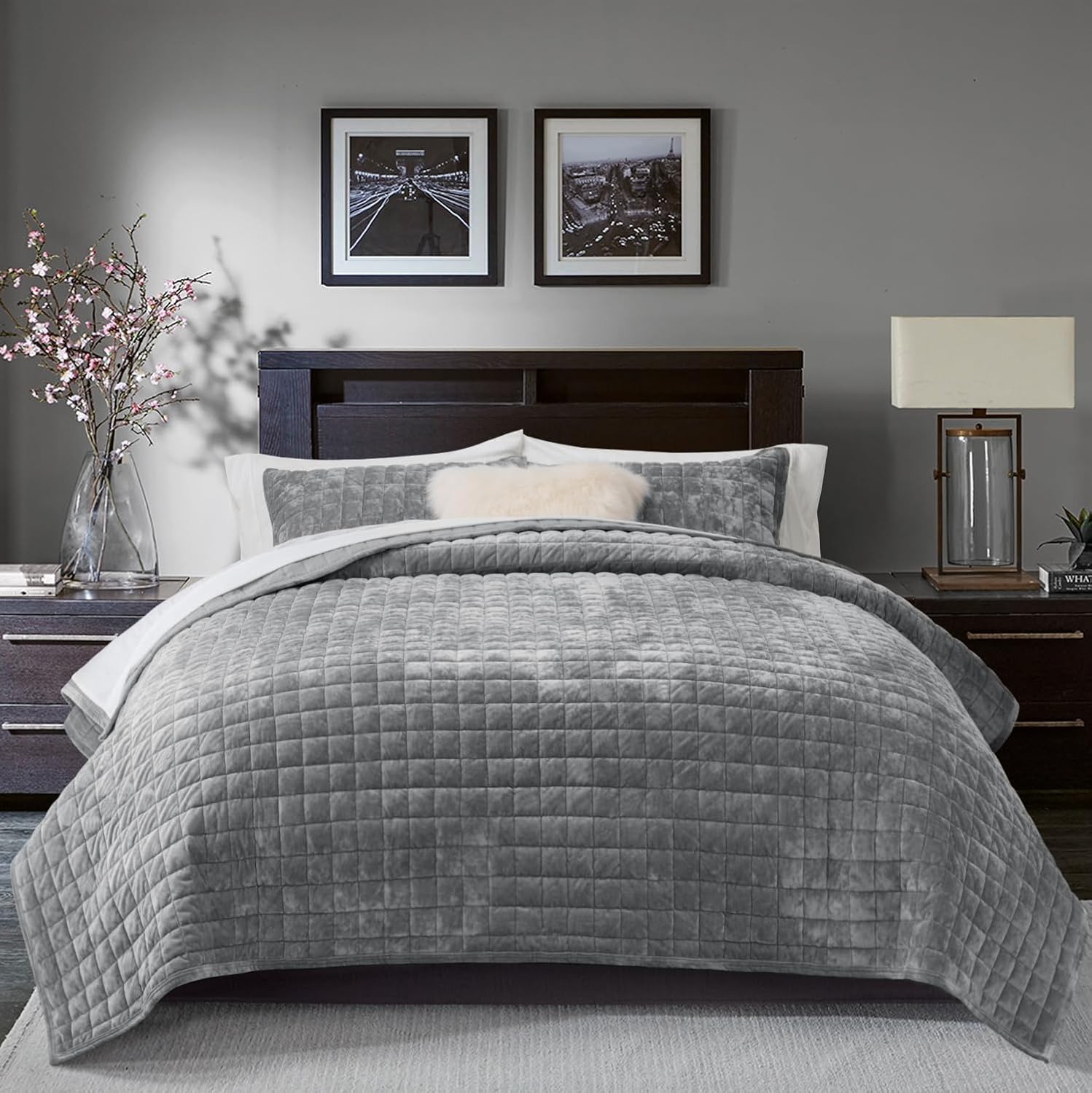 RECYCO Luxury Velvet Quilt Set Twin Size Gray