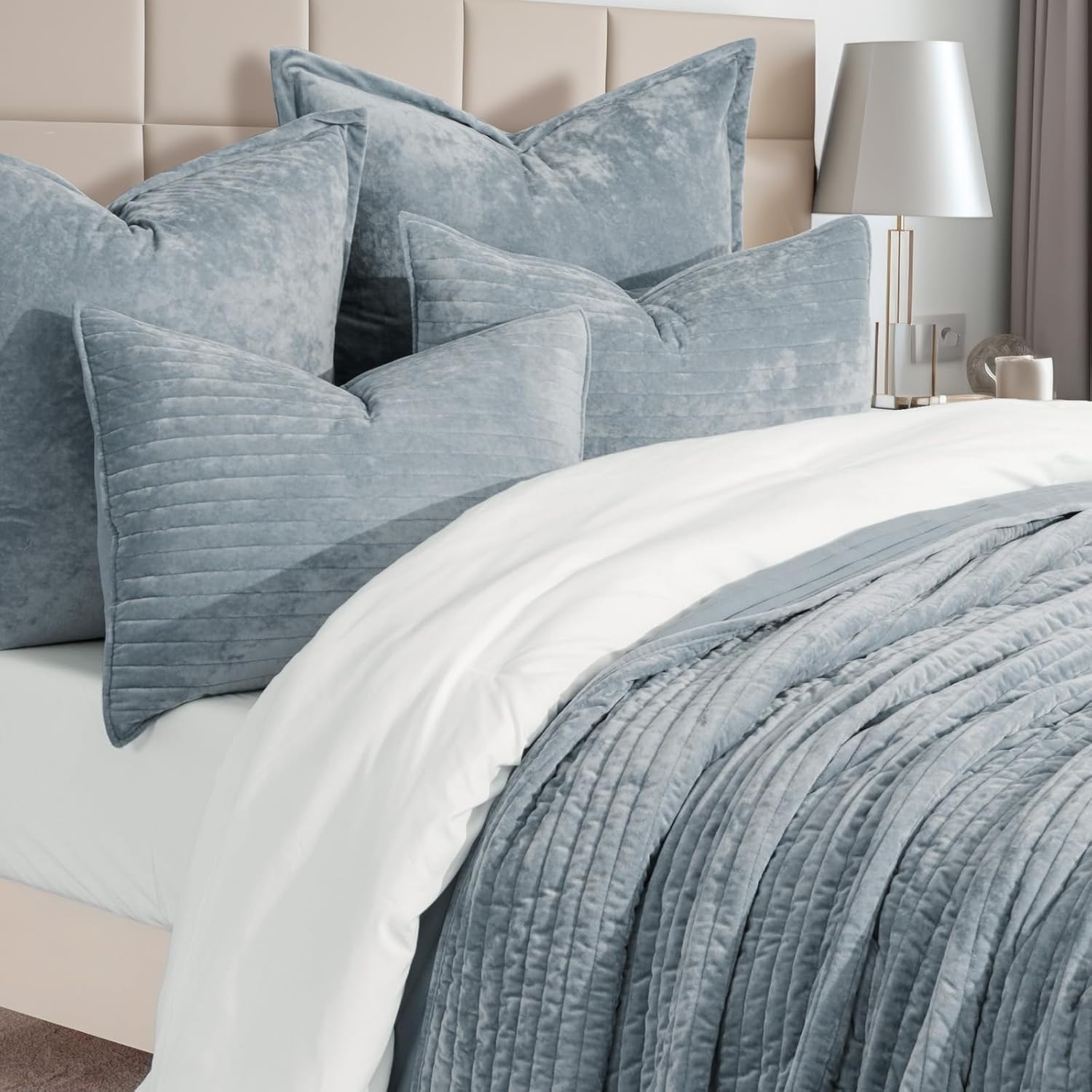 EVERGRACE Velvet Quilt Set - Dusty Blue King Size