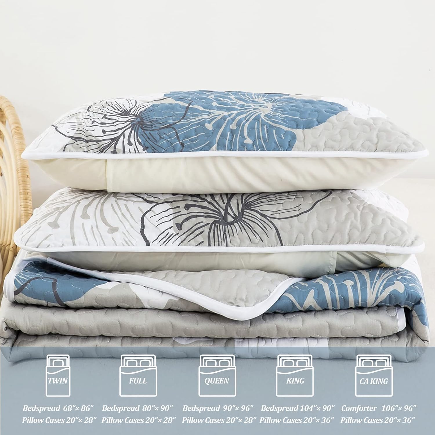 DJY 3 Piece Quilt Set California King Blue Floral Bedspread