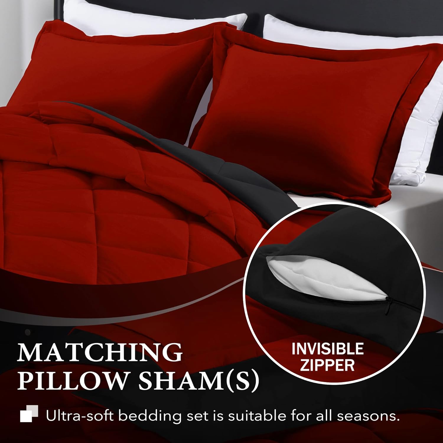 Downluxe King Size Comforter Set - Red and Black 3 Piece