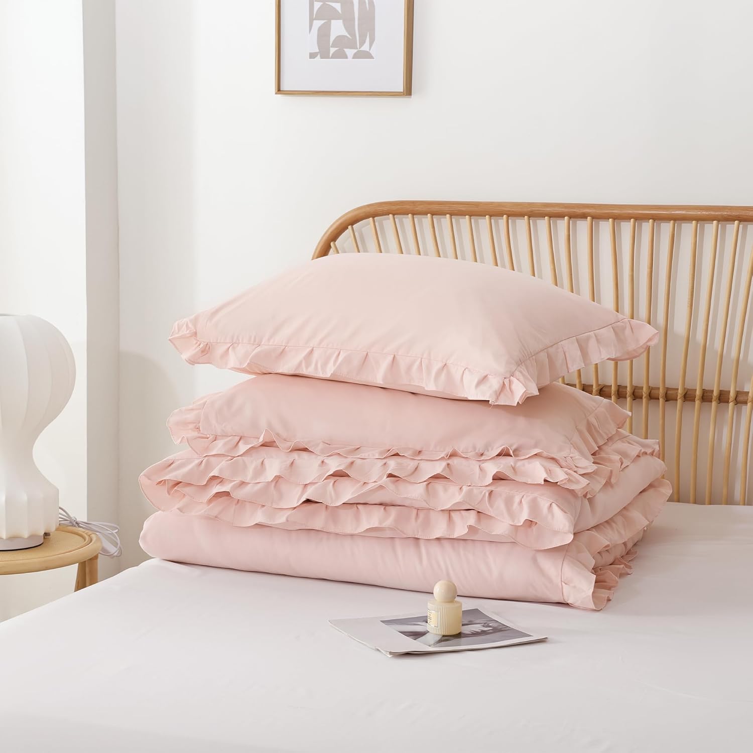 JANZAA Ruffled Comforter Set 3PCS Pink Blush Full Size
