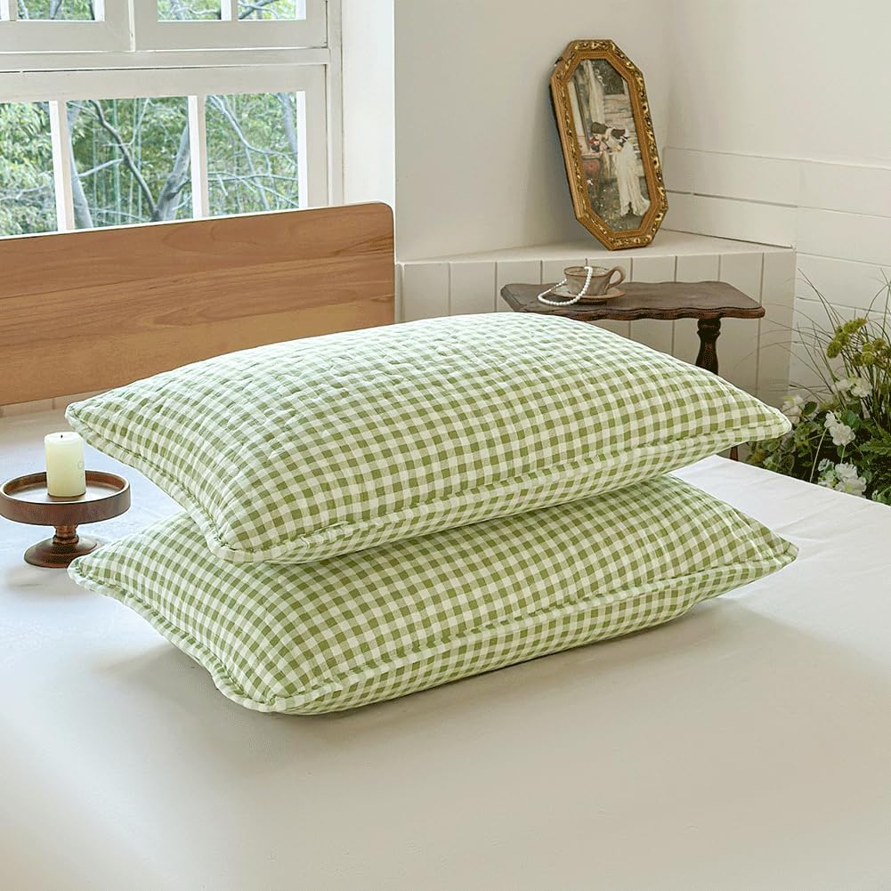 Sage Green Gingham King Quilt Set with Pillow Shams