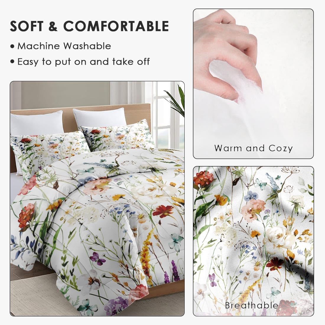 WeCozy Queen Comforter Set with 2 Pillowcases Wildflower Design