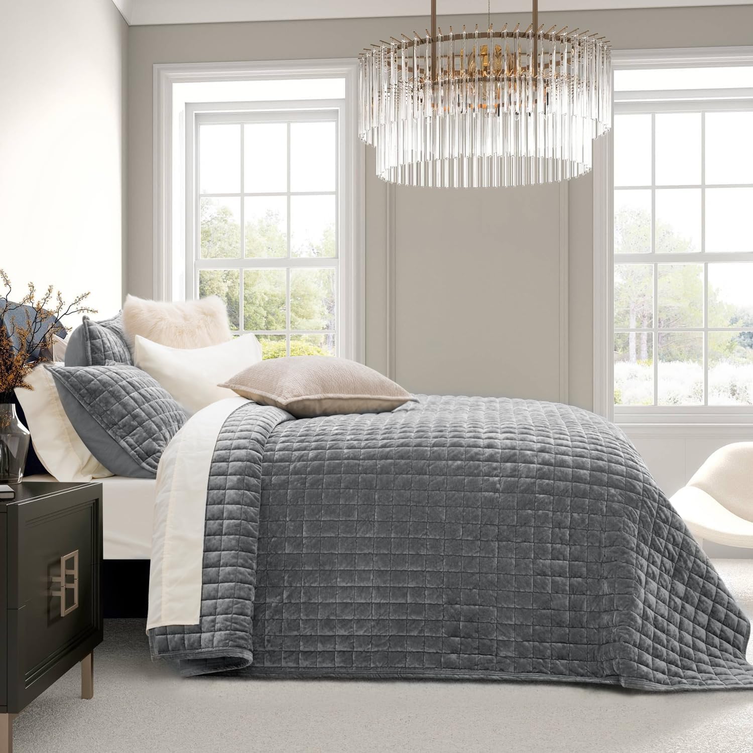 RECYCO Luxury Velvet Quilt Set Twin Size Gray