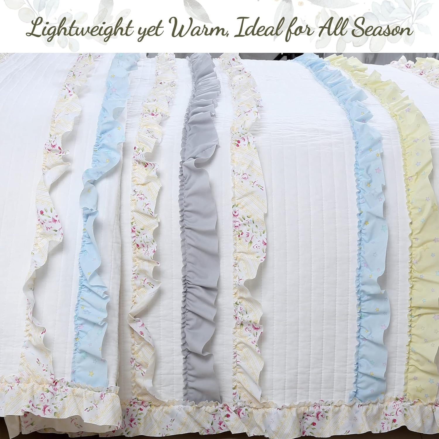 Cozy Line Light Yellow Blue Ruffle Stripe Quilt Bedding Set Queen 3 Piece