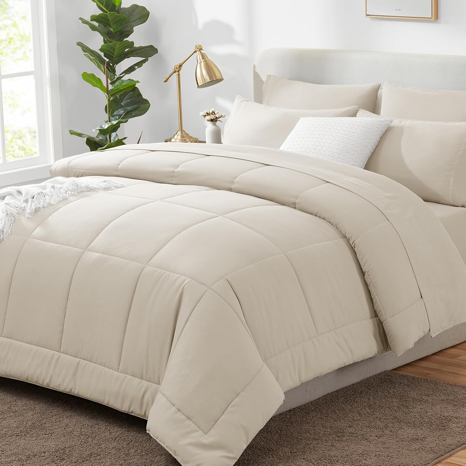 CozyLux Beige Cal King 7-Piece Bed in a Bag Comforter Set