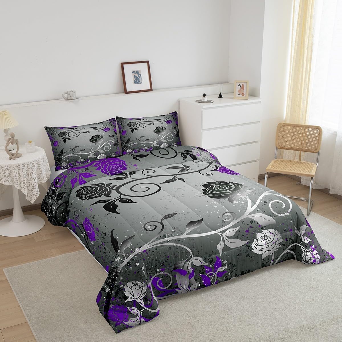 Feelyou Grey Black Purple Comforter Set for Kids