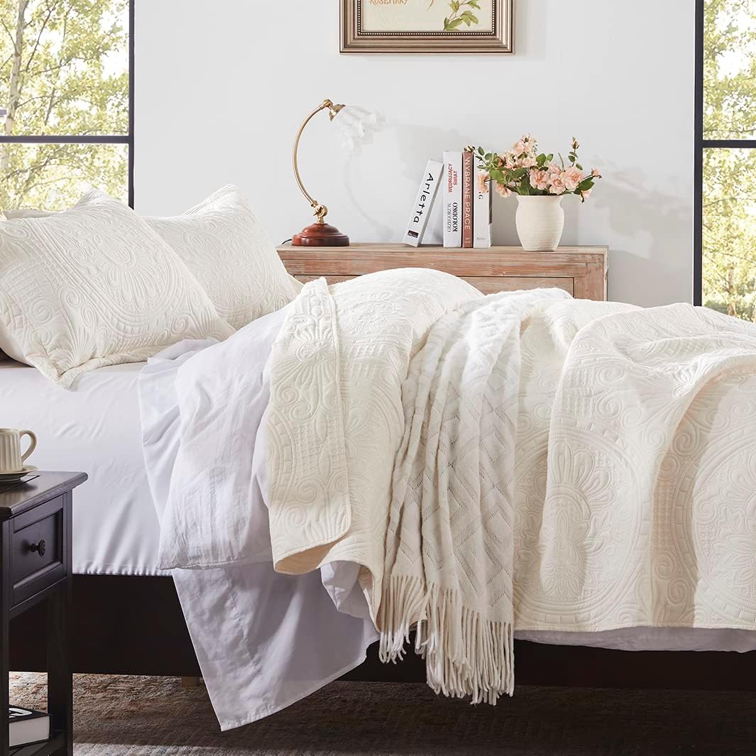 Anluoer Queen Size Quilt Set - Cream Embossed Microfiber Coverlet