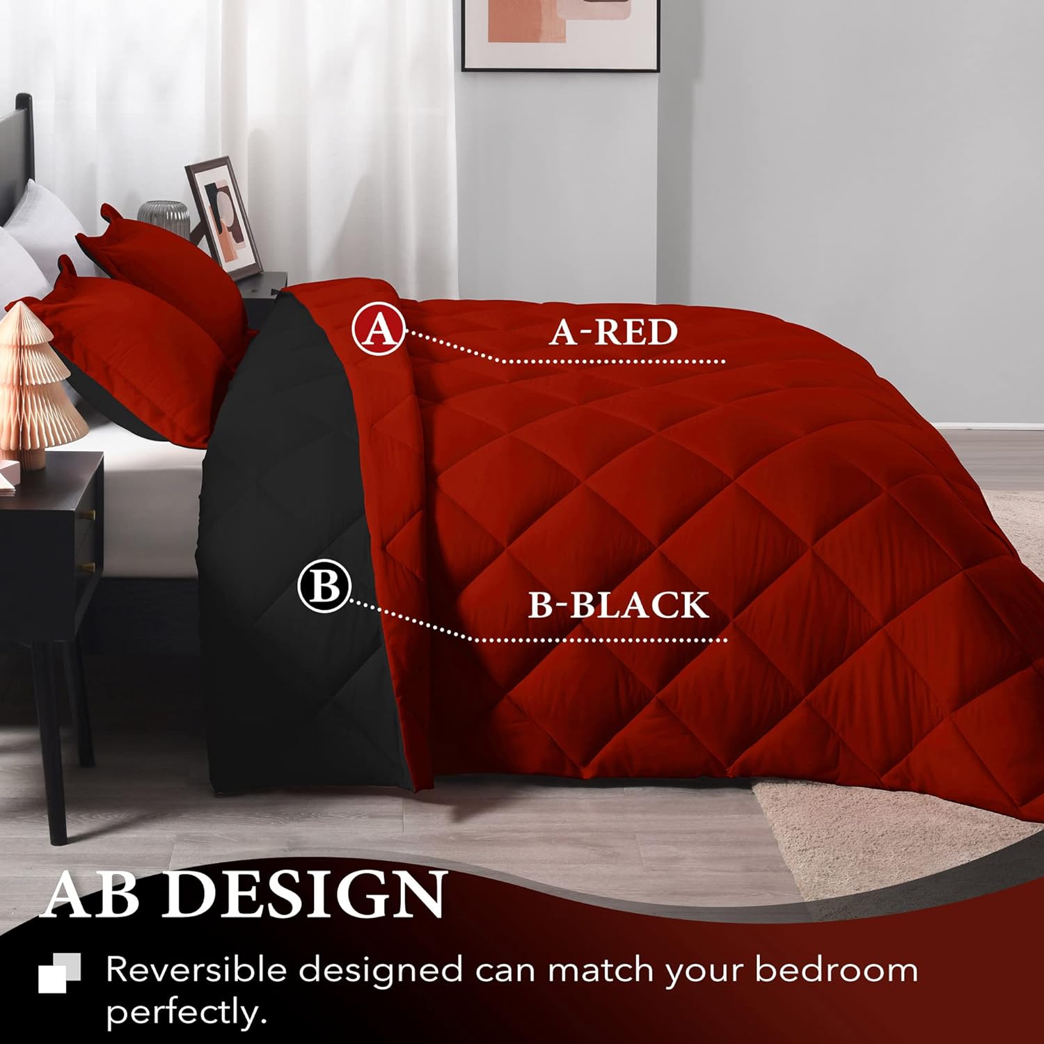 Downluxe King Size Comforter Set - Red and Black 3 Piece