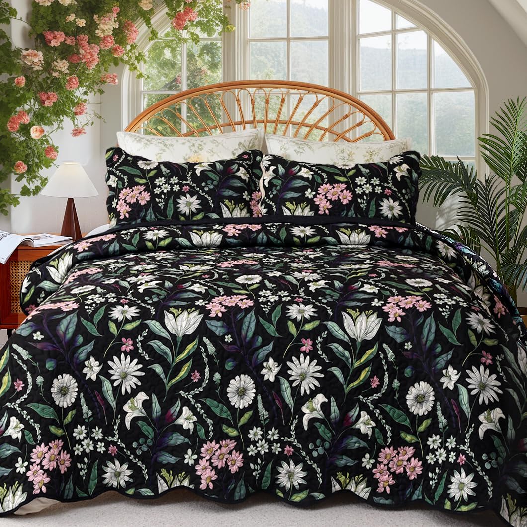 EVENHUG Floral Quilt Set Queen Size 3 Piece