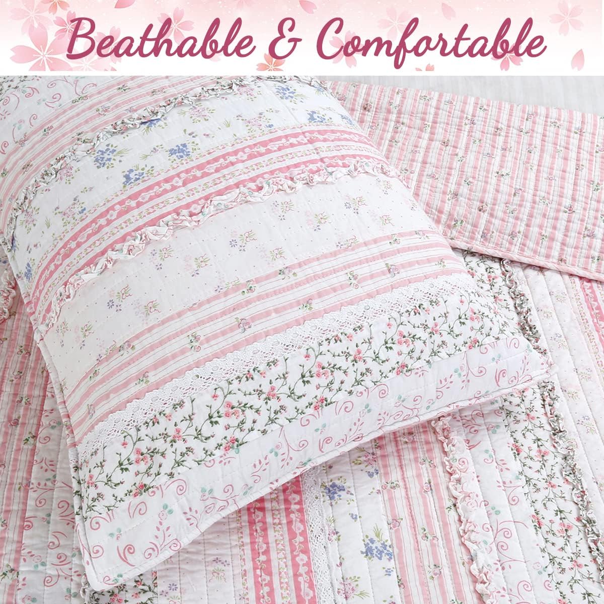 Cozy Line Pink Flower Lace Ruffle Stripe Quilt Bedding Set