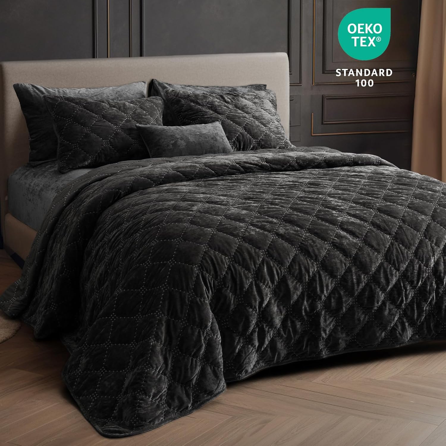 PHF Luxury Velvet Quilt Set King Size Black