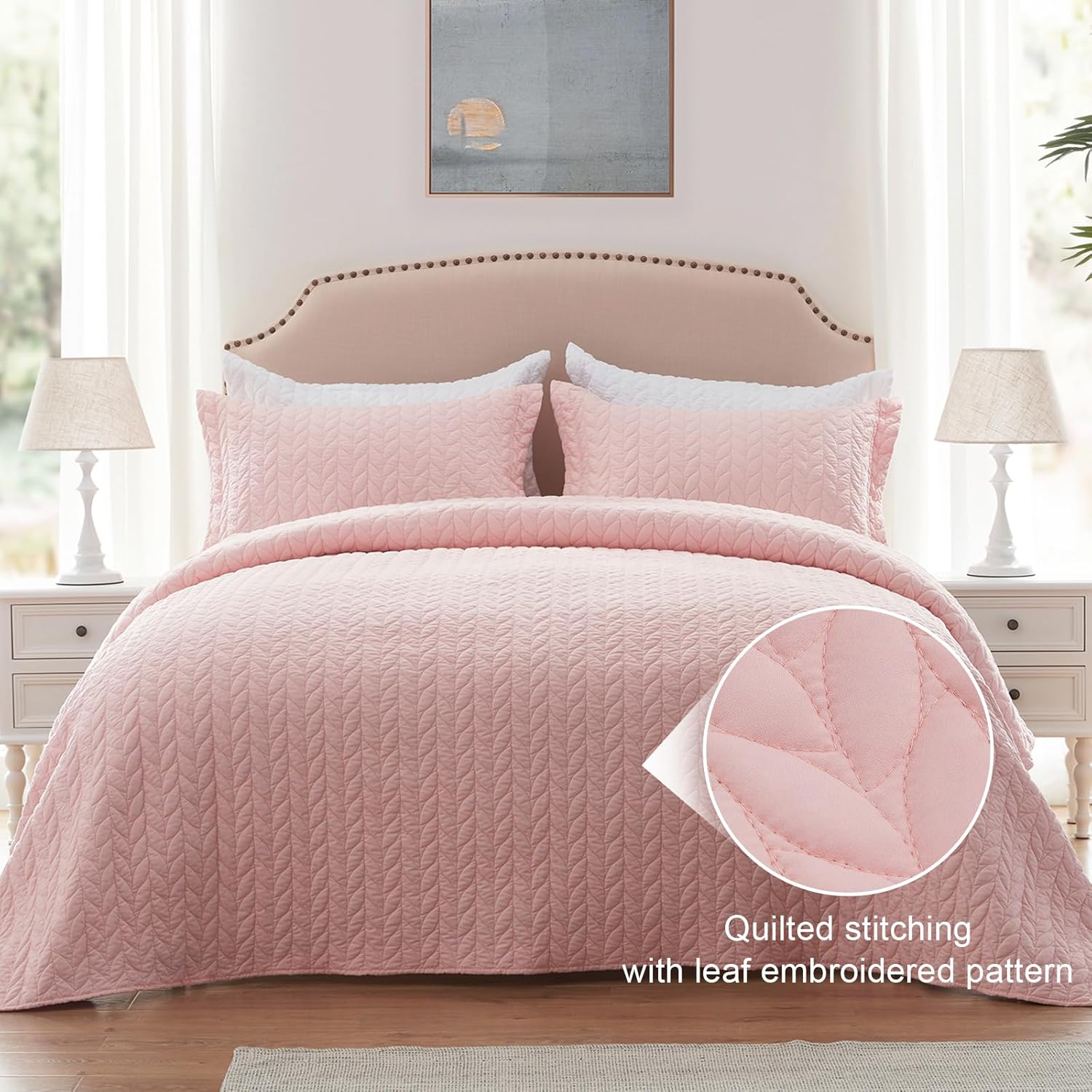 SunStyle Home Leaf Embroidered Queen Quilt Set 1