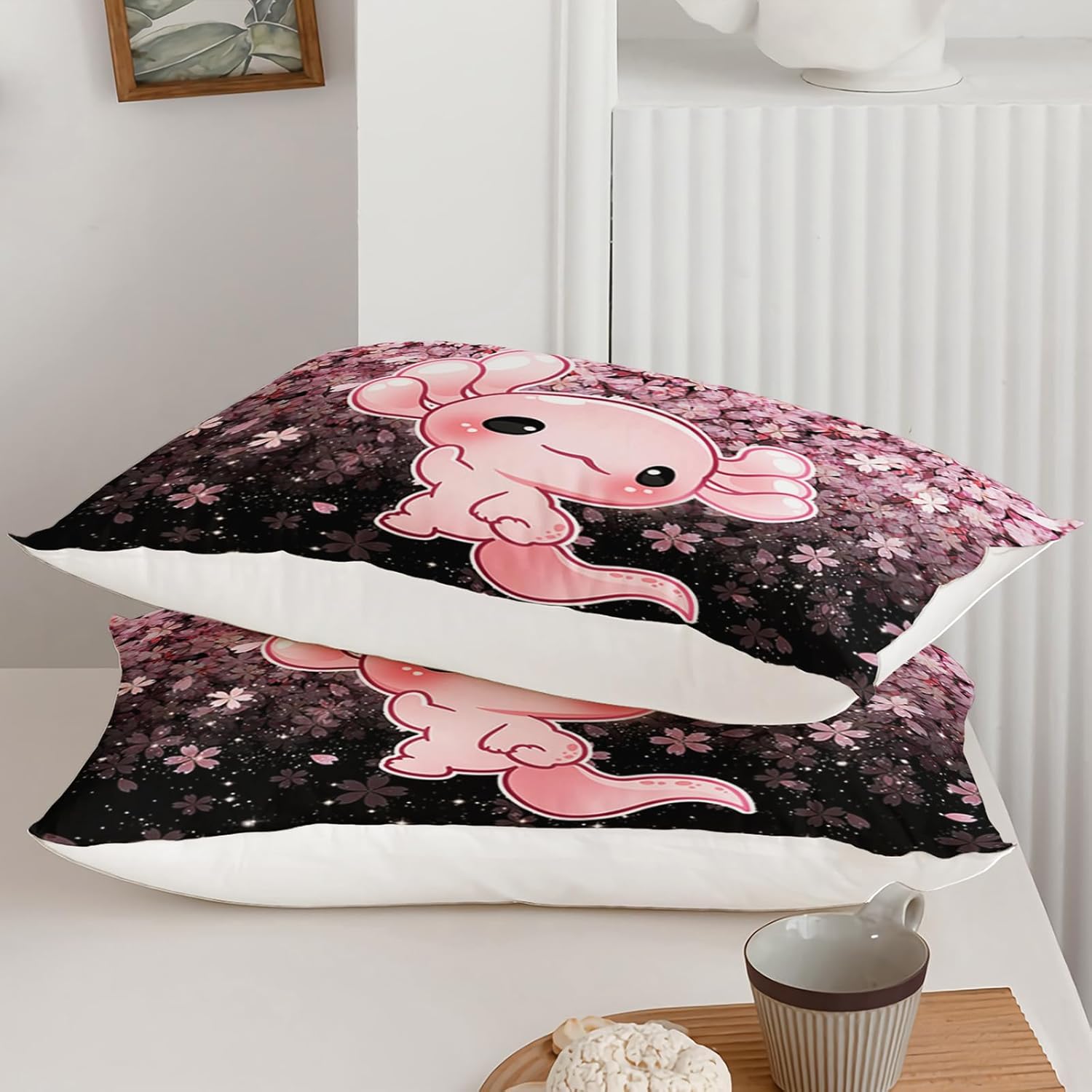 QOOMO Kawaii Axolotl Comforter Set Twin Size Pink Cherry Blossom