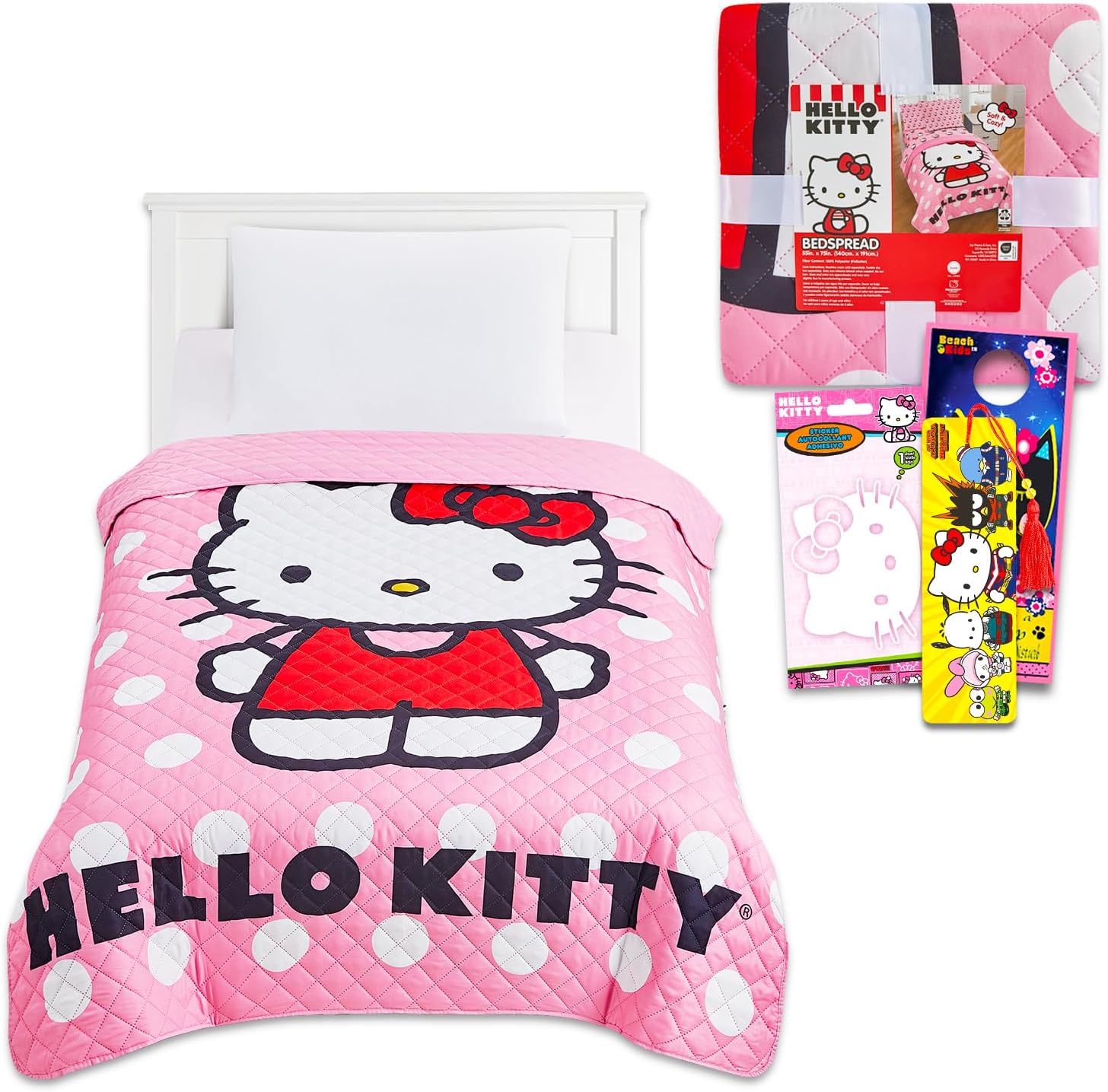 Hello Kitty Twin Bedspread Set for Kids - Includes Quilt Decal More