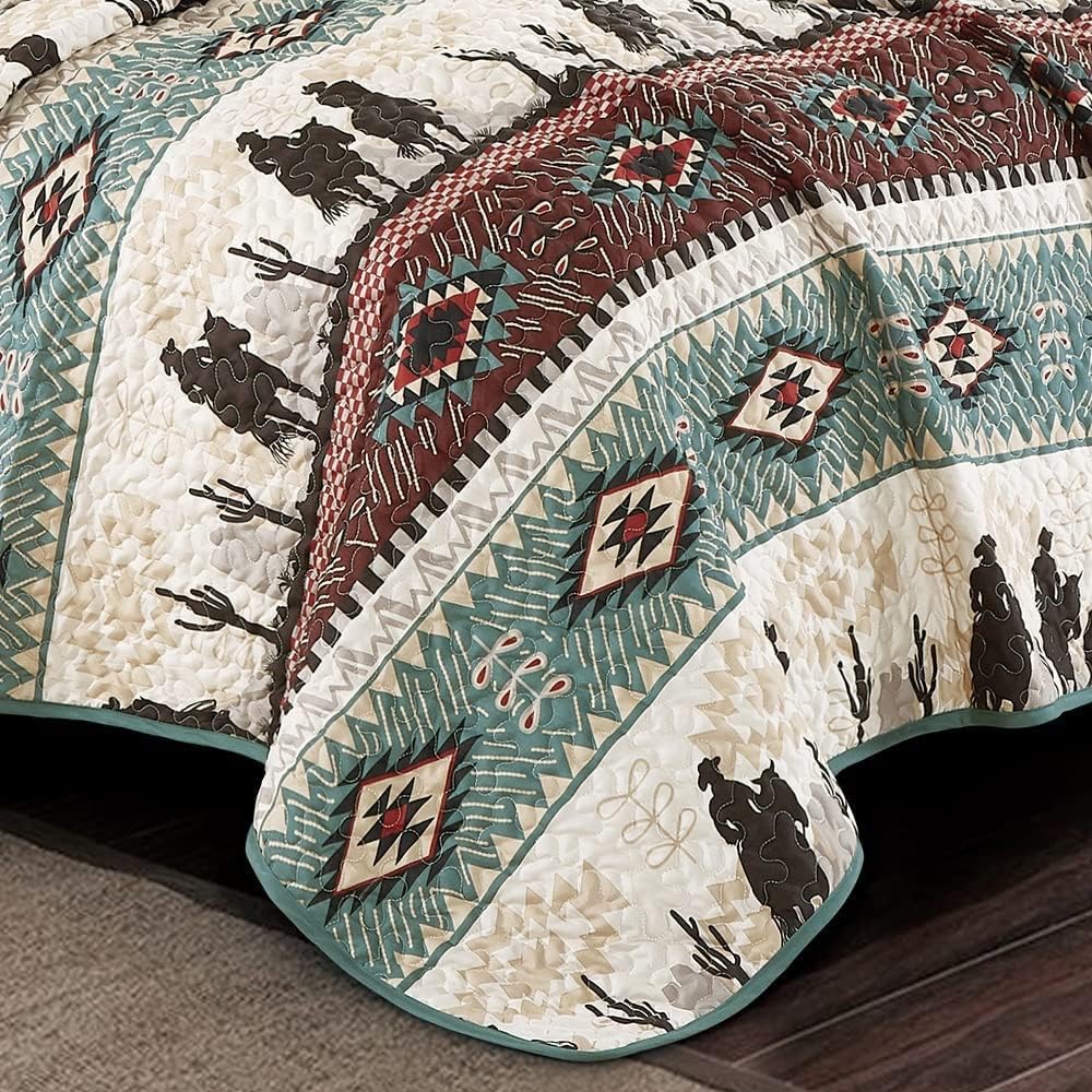 Jaba Western Teal Beige Burgundy Quilt Set - Queen