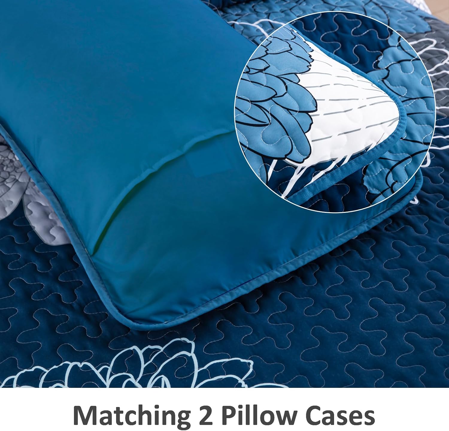 Anibedding 3 Piece Navy Blue Floral Quilt Set Queen Size