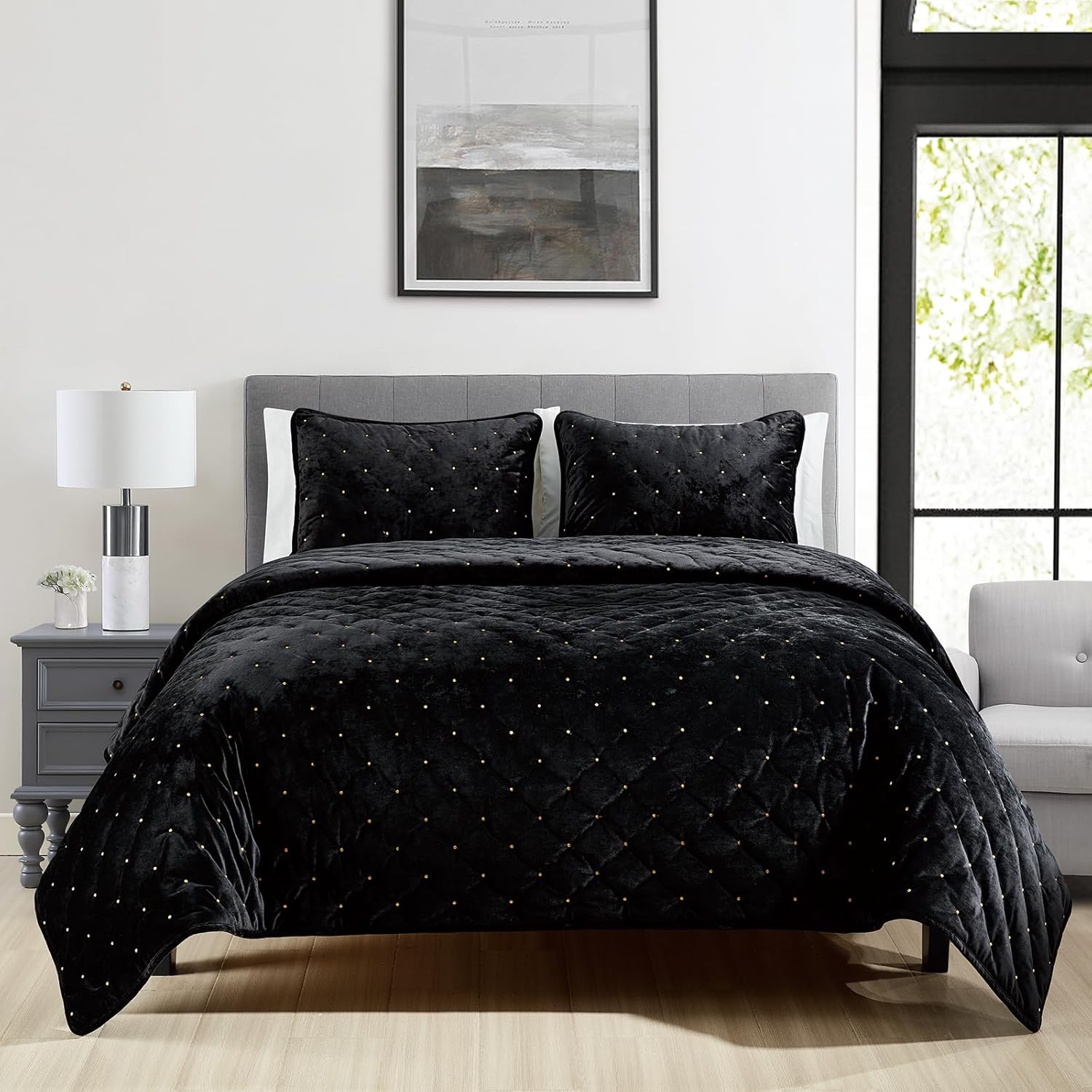 Sunshine Nicole 3 Piece King Quilt Set with Gold Embroidery