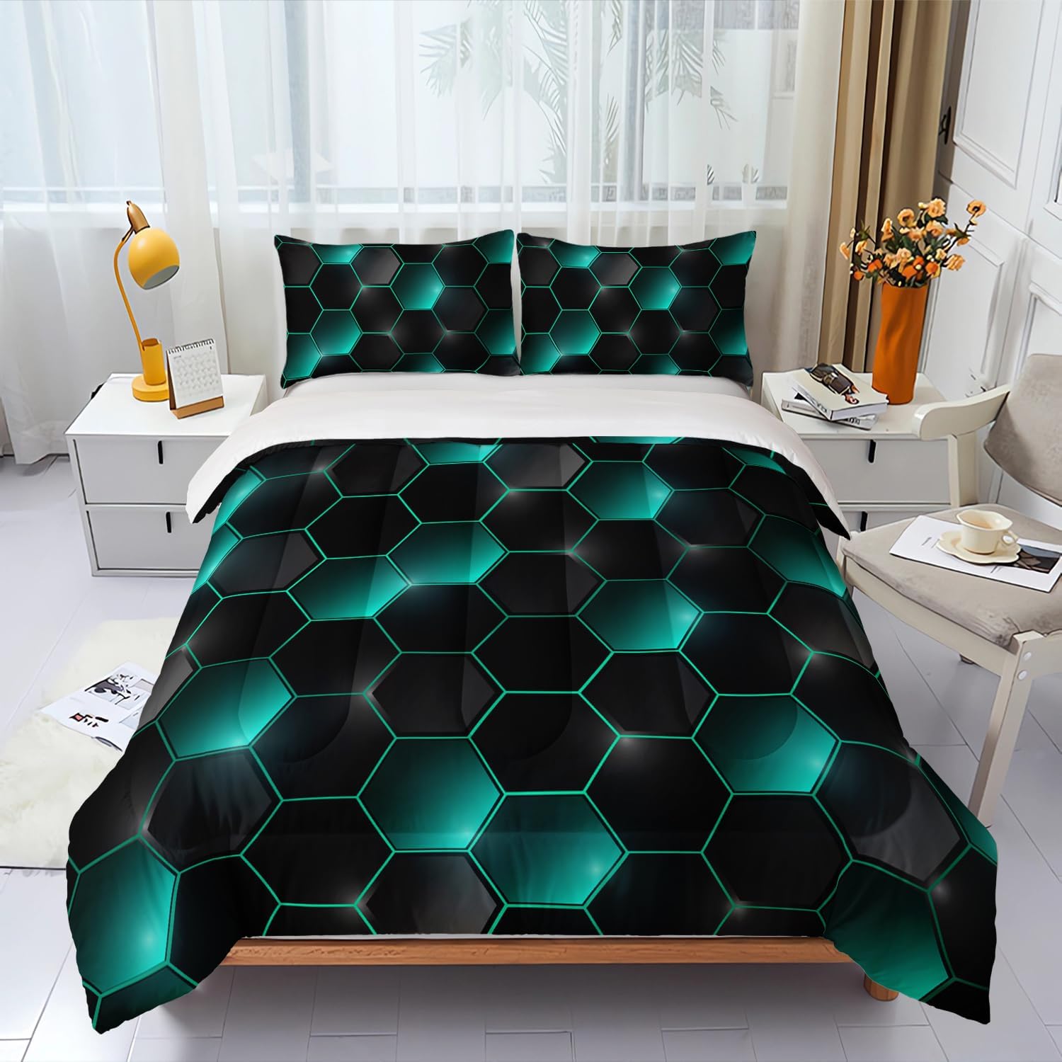 Geometric Black Green Neon Comforter Set 3 Piece