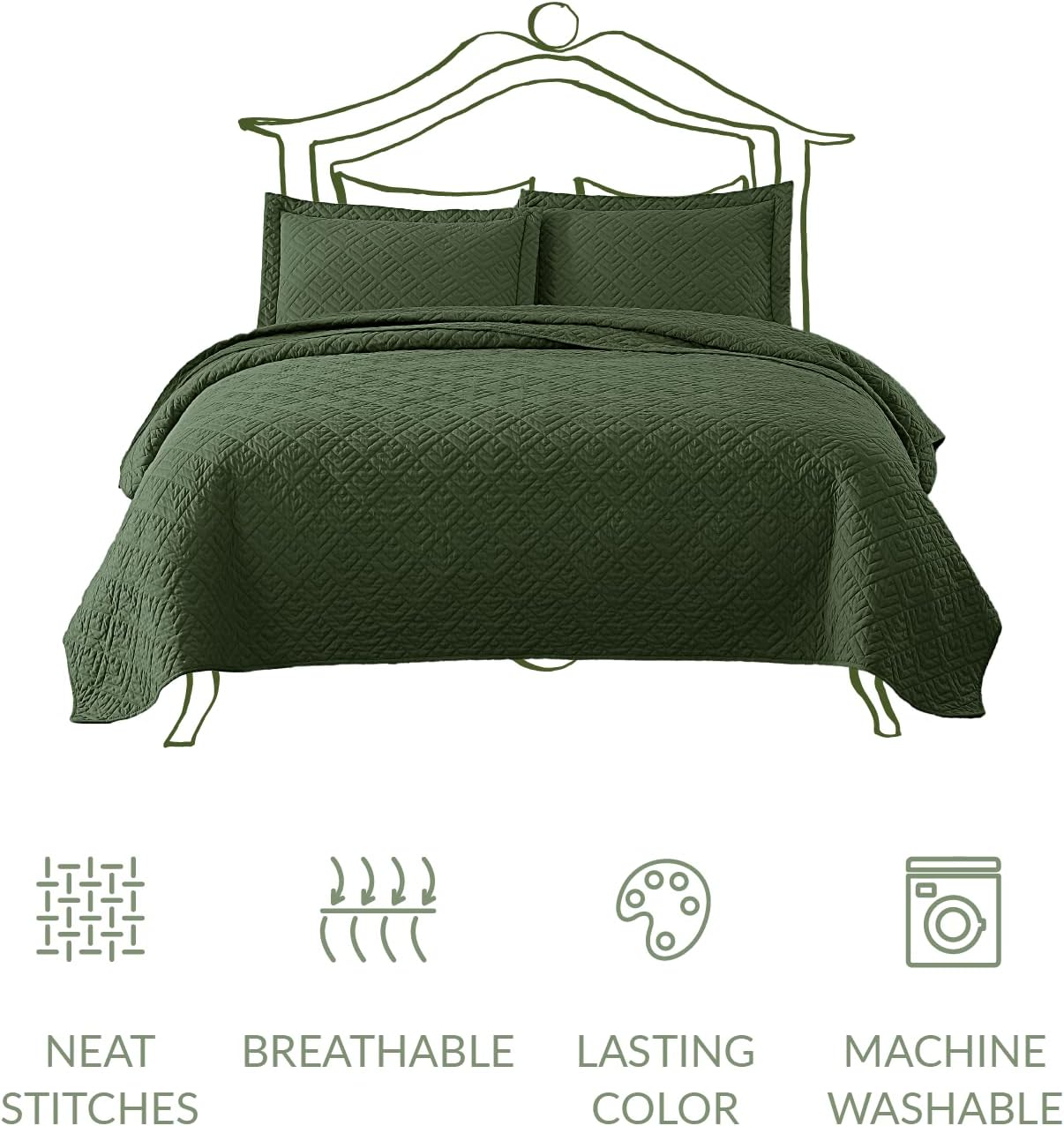 EXQ Home King Size Quilt Set Olive Green 3 Piece