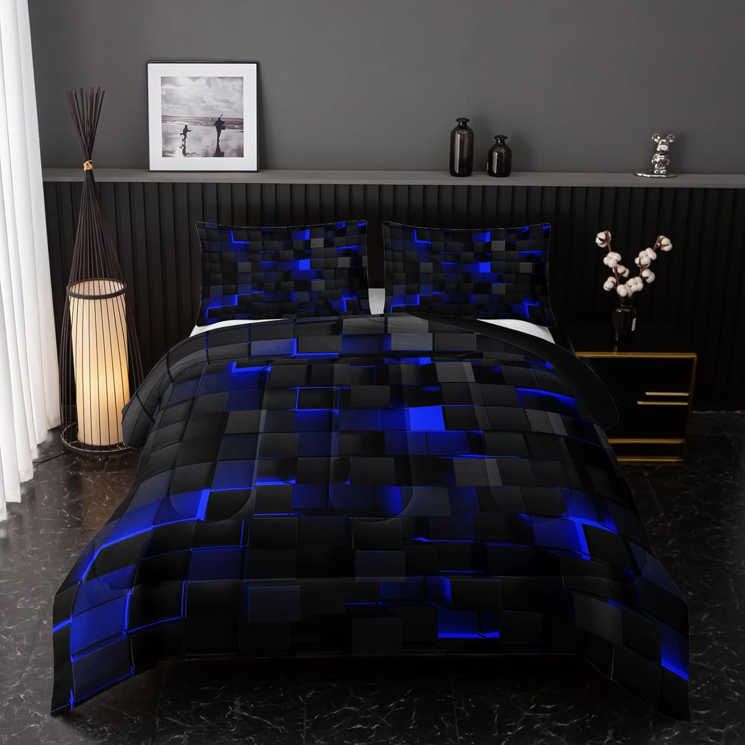 Nttopship Neon Blue Black Comforter Set Twin
