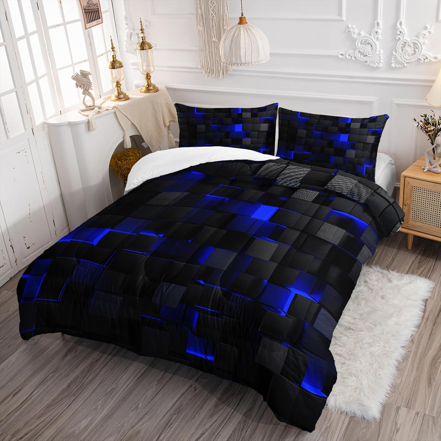 Nttopship Geometric Blue Black 3-Piece Comforter Set