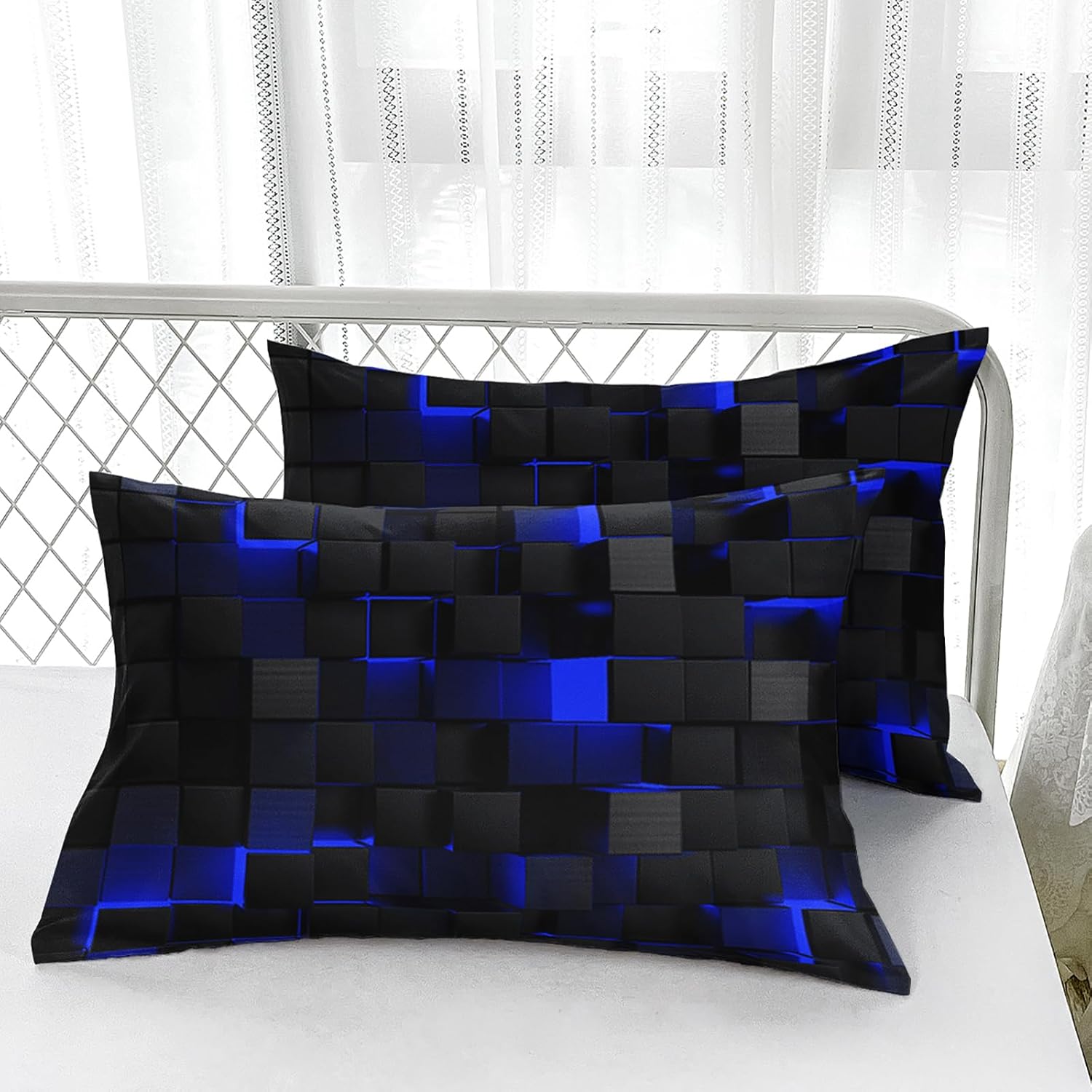 Nttopship Geometric Blue Black 3-Piece Comforter Set