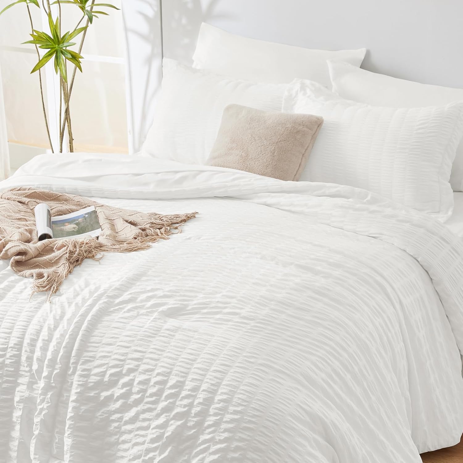 CozyLux White Seersucker King Comforter Set 7-Piece Bed in a Bag