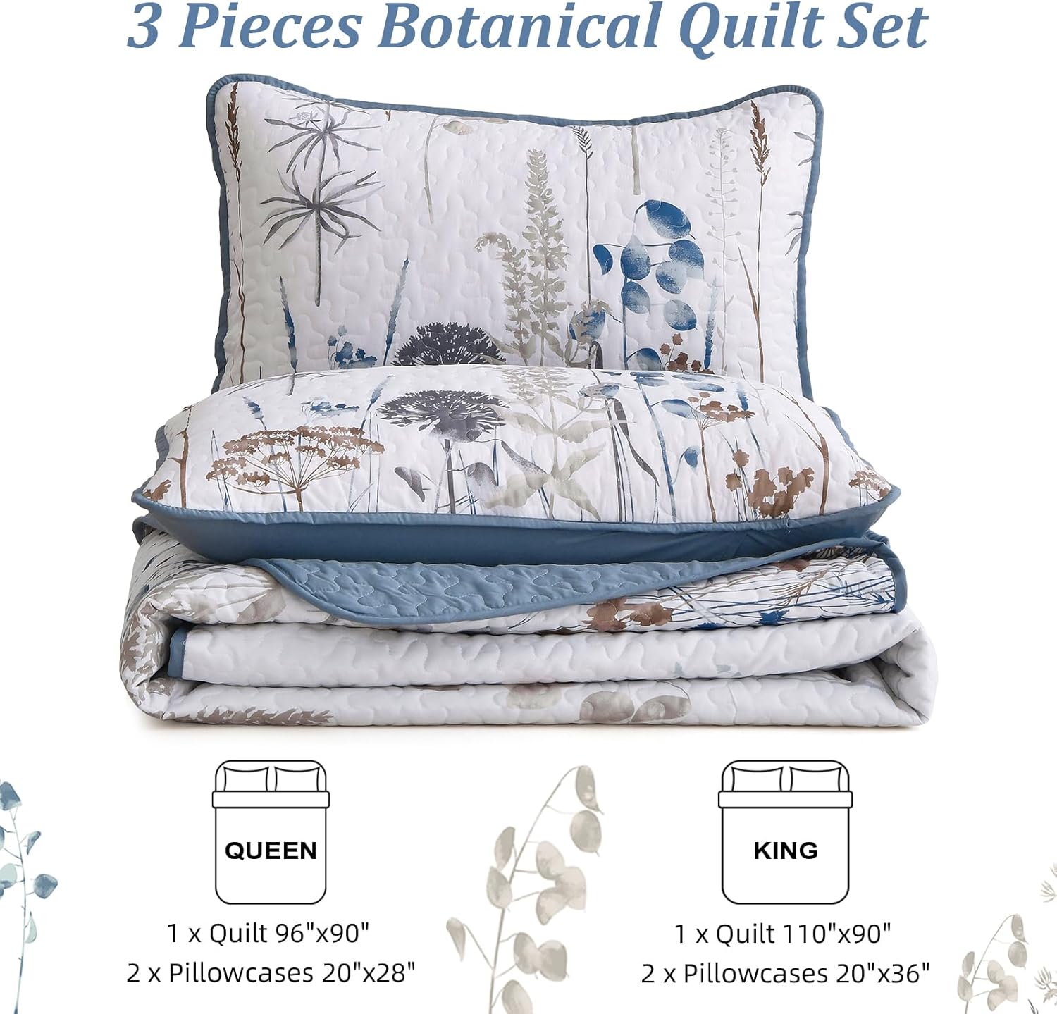 Dobuyly Floral Botanical Quilt Bedding Set 3 Pieces