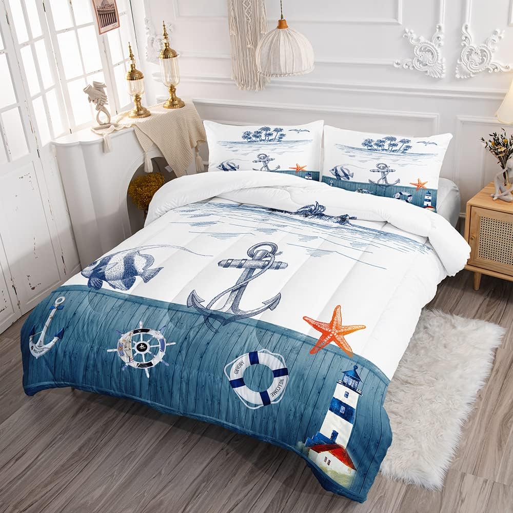 Suncloris Nautical Sailboat Comforter Set Queen Size Dark Blue