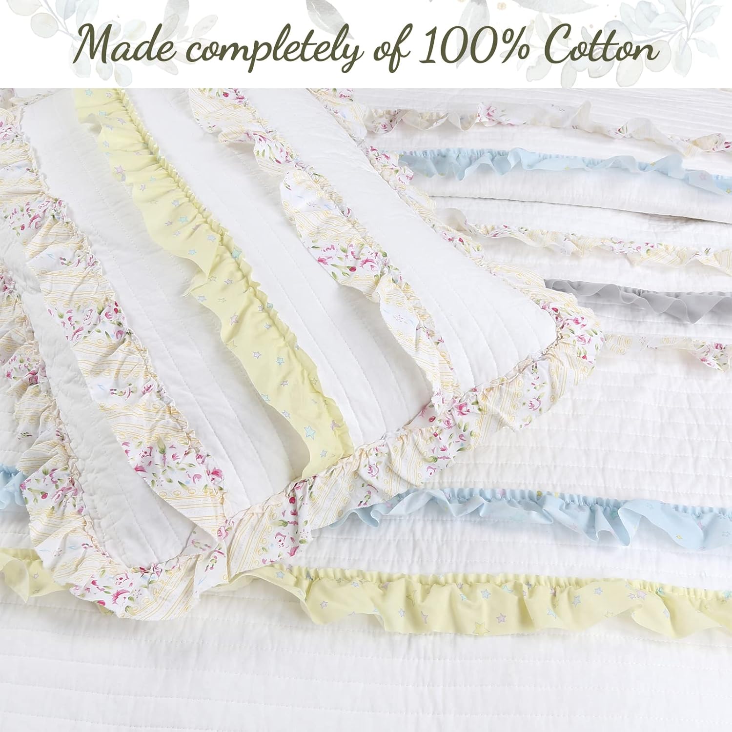 Cozy Line Light Yellow Blue Ruffle Stripe Quilt Bedding Set Queen 3 Piece
