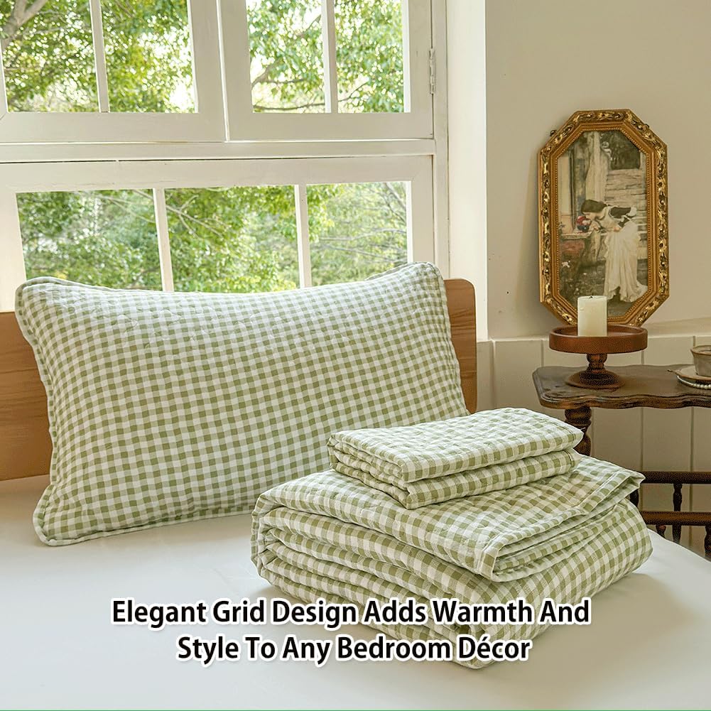Sage Green Gingham King Quilt Set with Pillow Shams