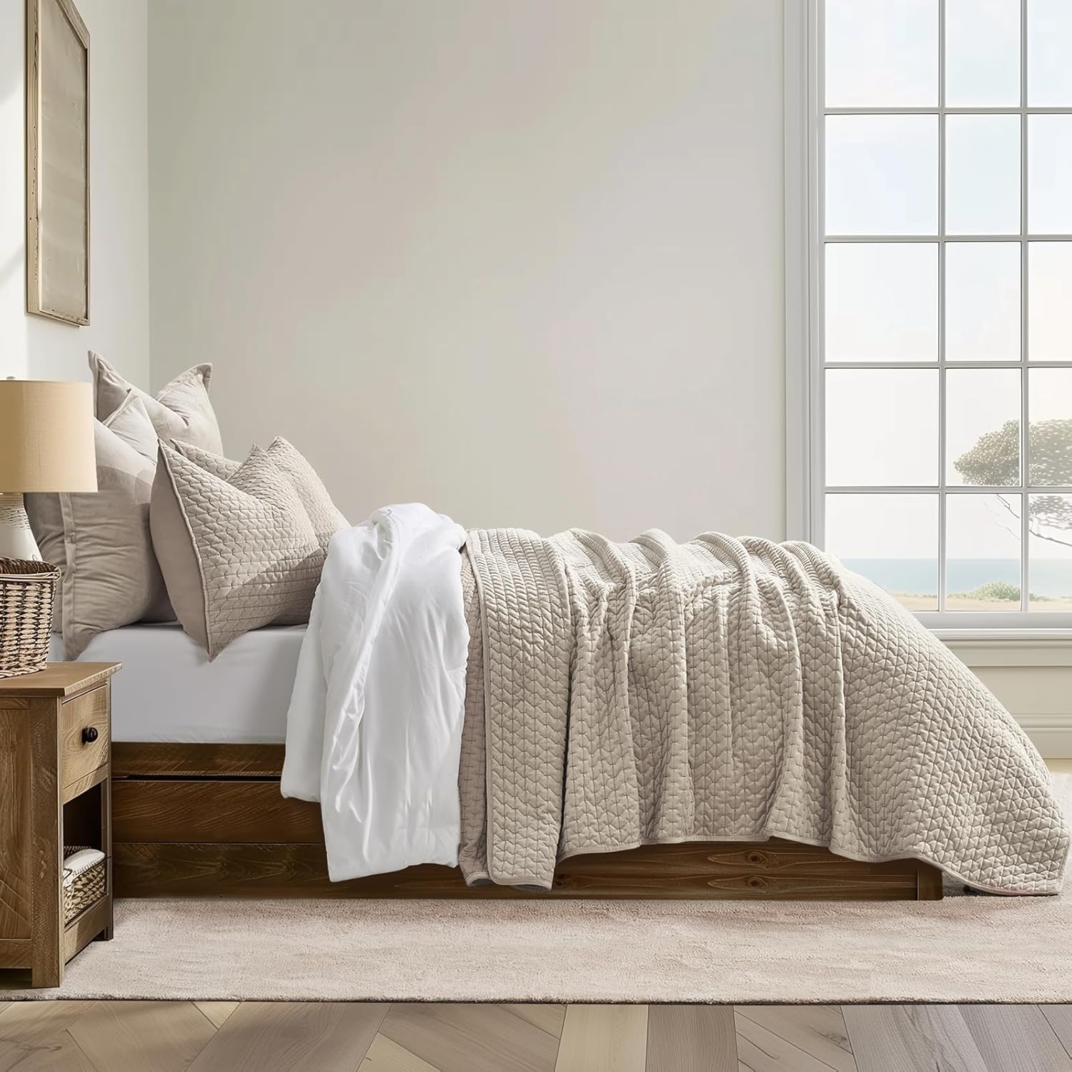 EVERGRACE Velvet Quilt Set King Size 3 Piece Light Taupe
