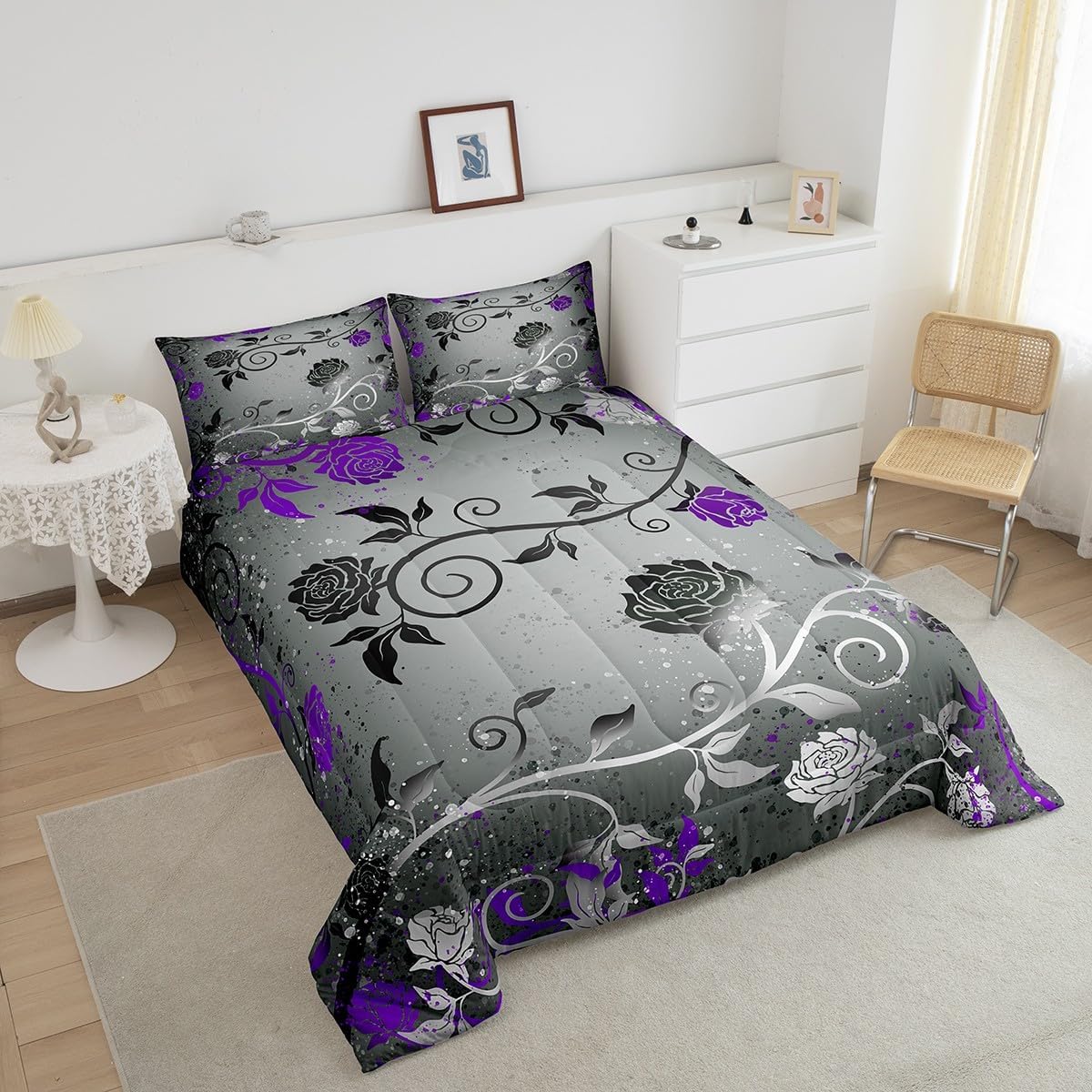 Feelyou Grey Black Purple Comforter Set for Kids