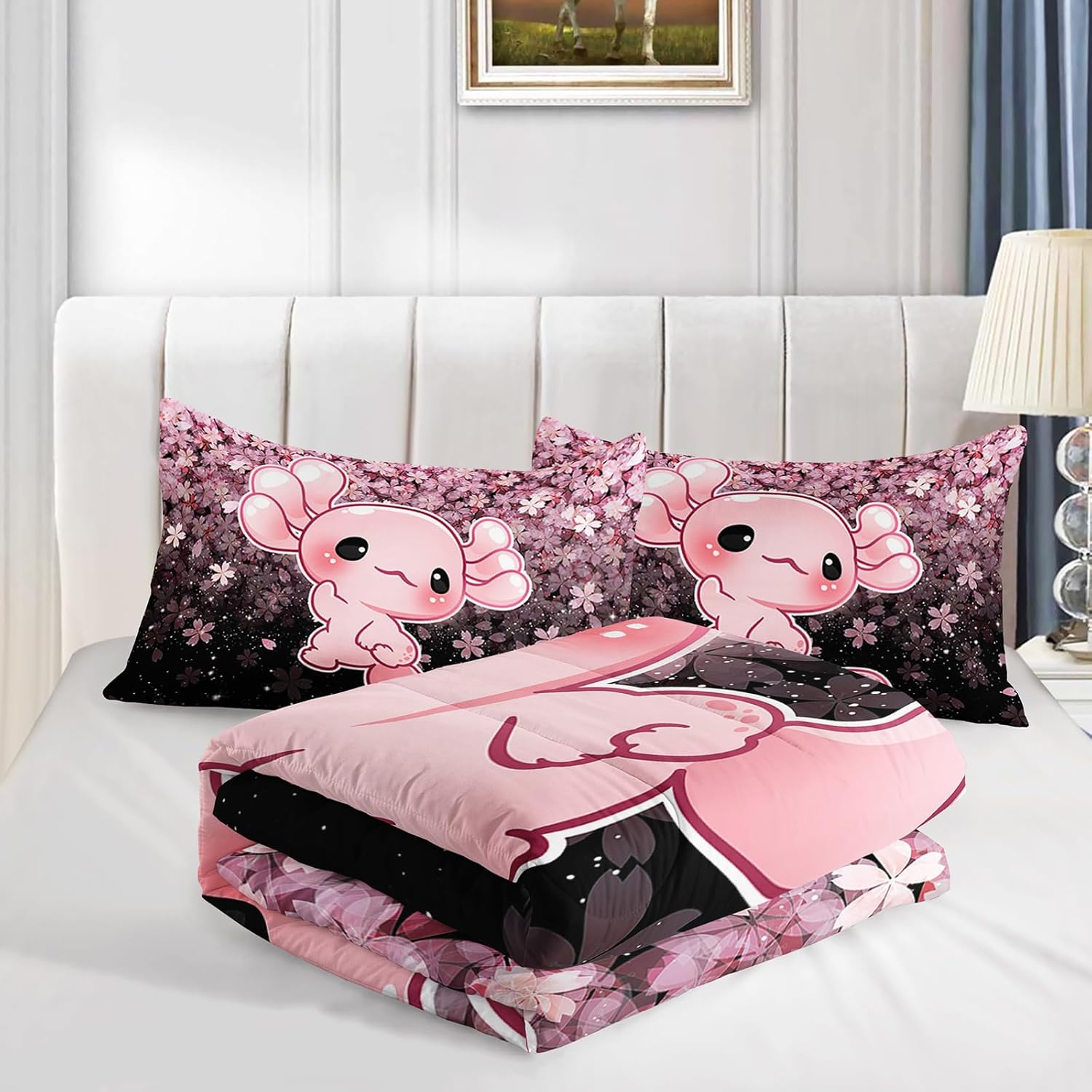QOOMO Kawaii Axolotl Comforter Set Twin Size Pink Cherry Blossom
