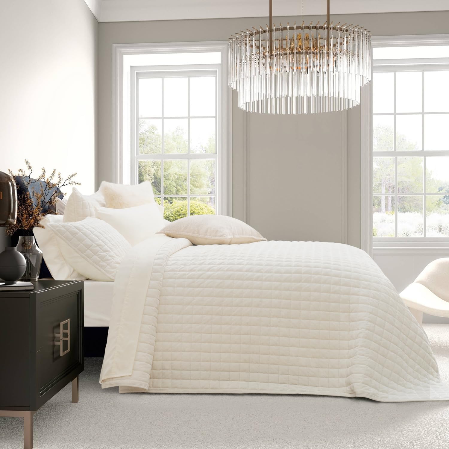 RECYCO Luxury Velvet Quilt Set King Size Cream White
