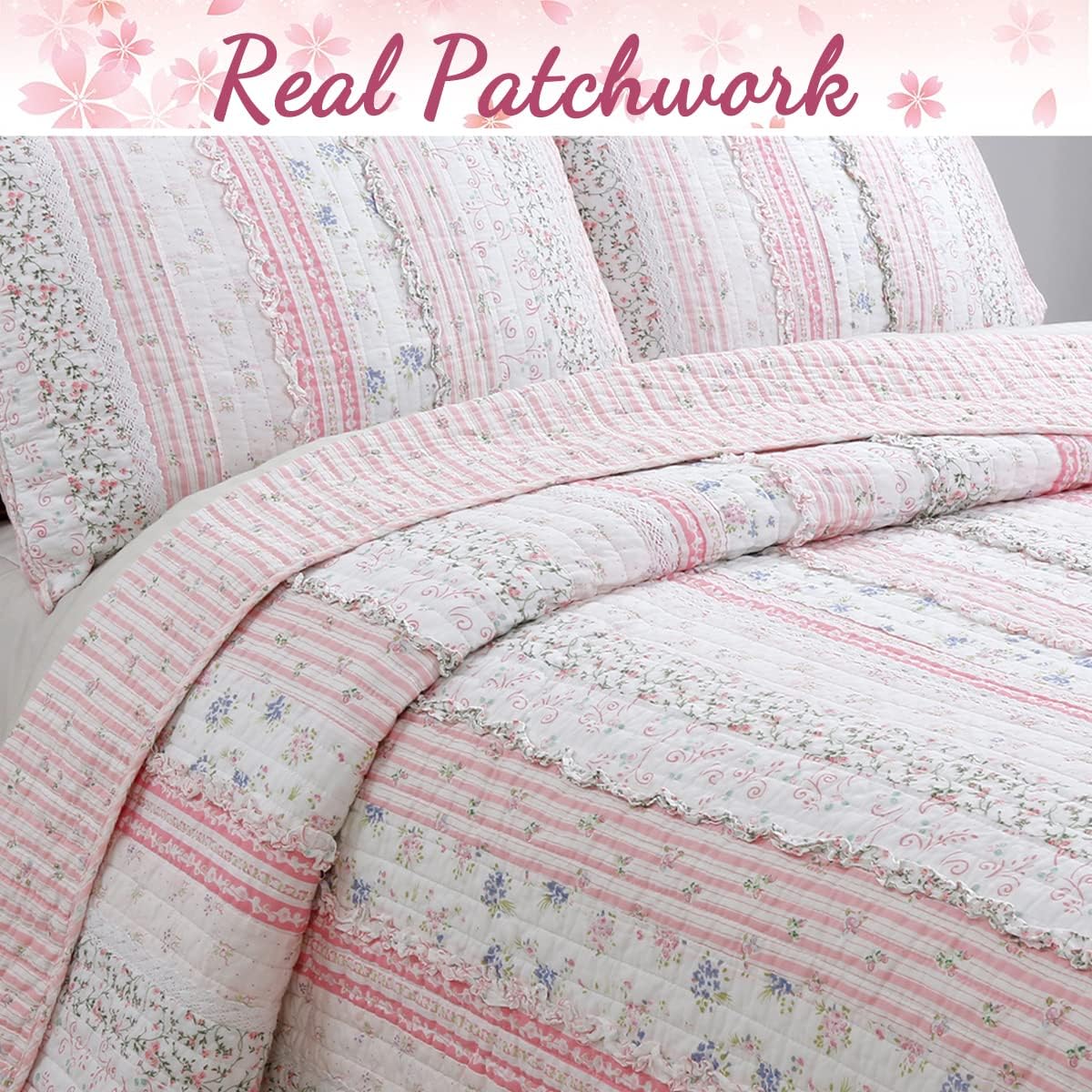 Cozy Line Pink Flower Lace Ruffle Stripe Quilt Bedding Set