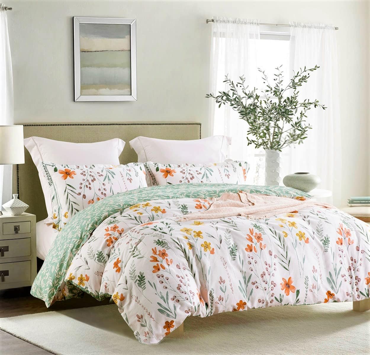SLEEPBELLA King Size Comforter Set Yellow Flowers Green Botanical Print