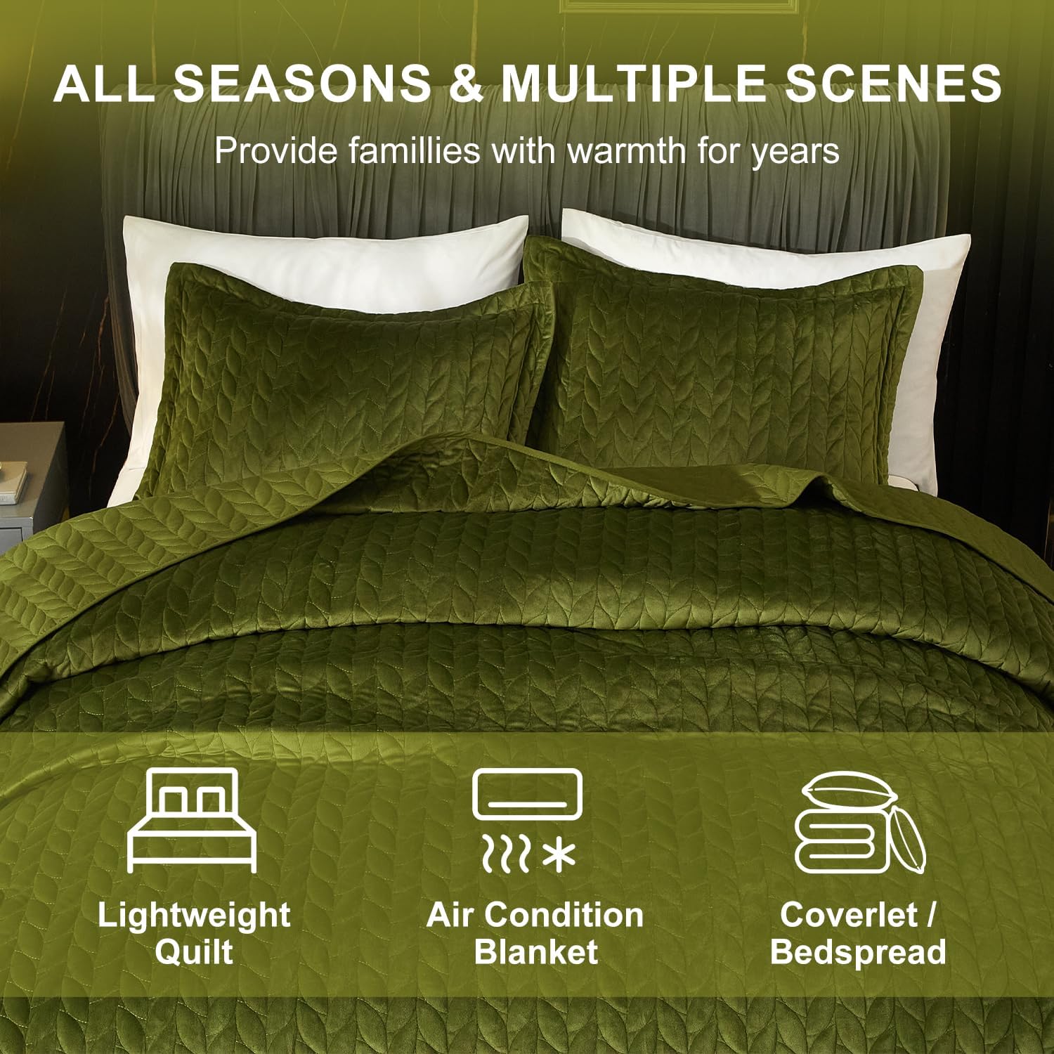 Ivellow Velvet Quilt Set King Size Green