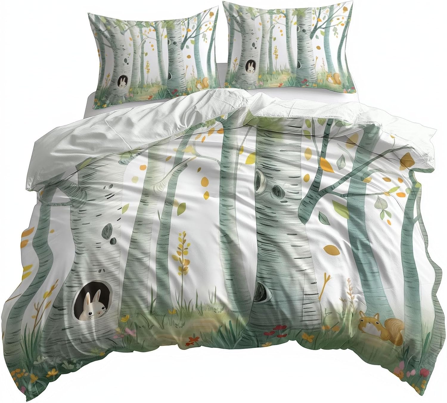Cartoon Forest Birch Trees Duvet Cover Set