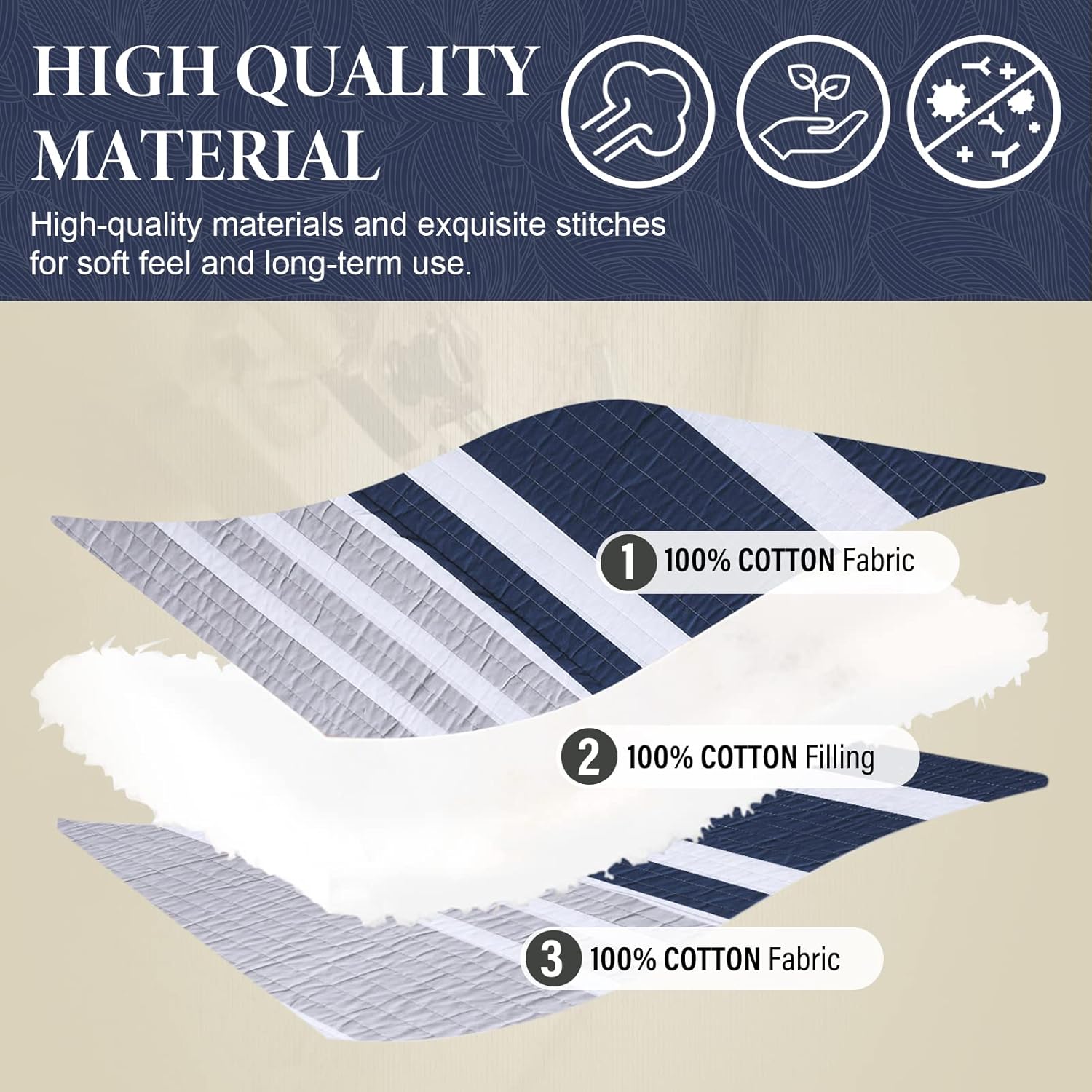 SahSahCasa Queen Quilt Set - Navy Blue Striped 3 Pieces 100 Cotton