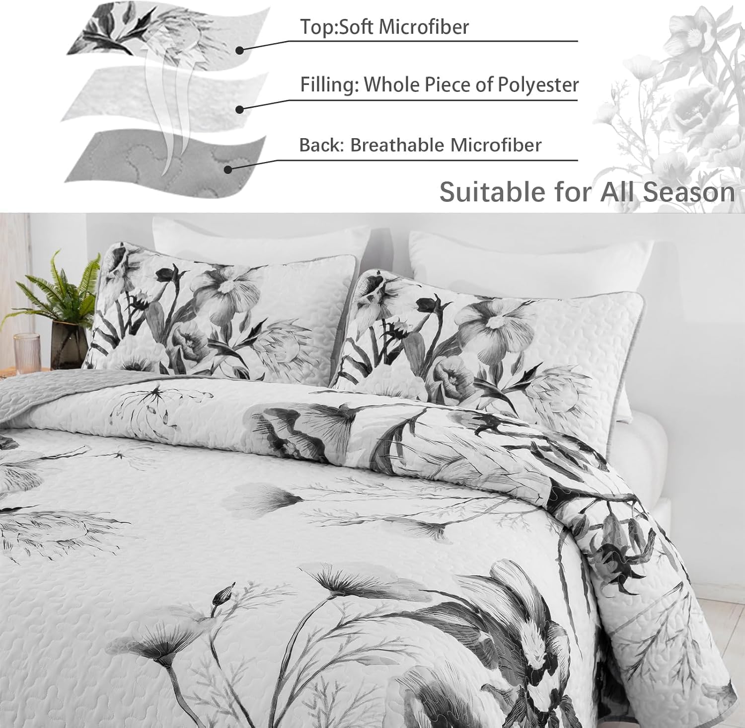 Drucon Floral Quilt Set California King 3 Pieces