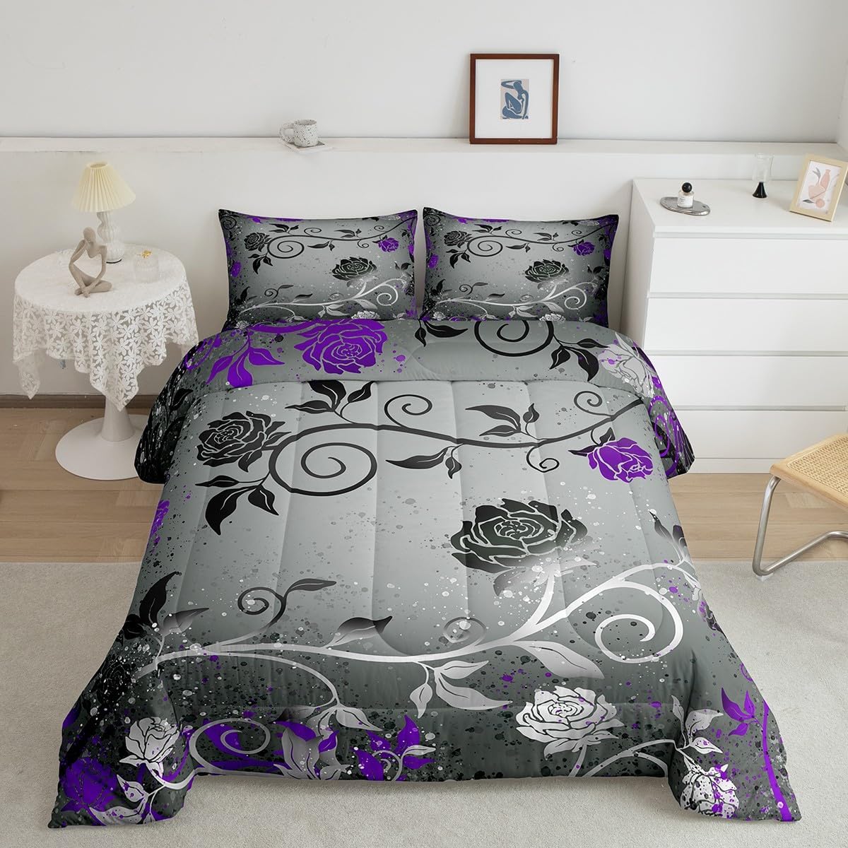 Feelyou Grey Black Purple Comforter Set for Kids