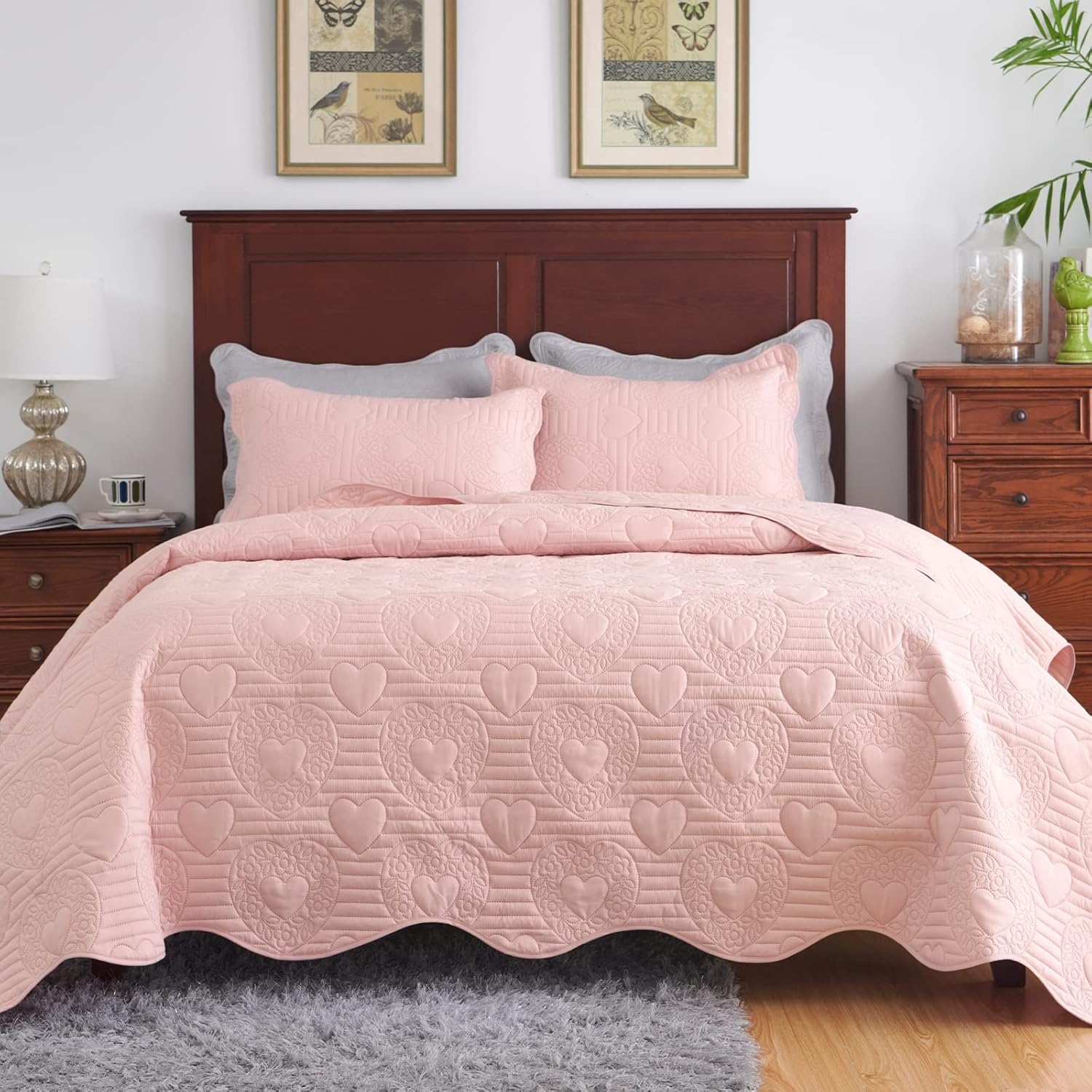 Auemtyn Light Pink Heart Pattern Quilt Set 2 Pieces 1