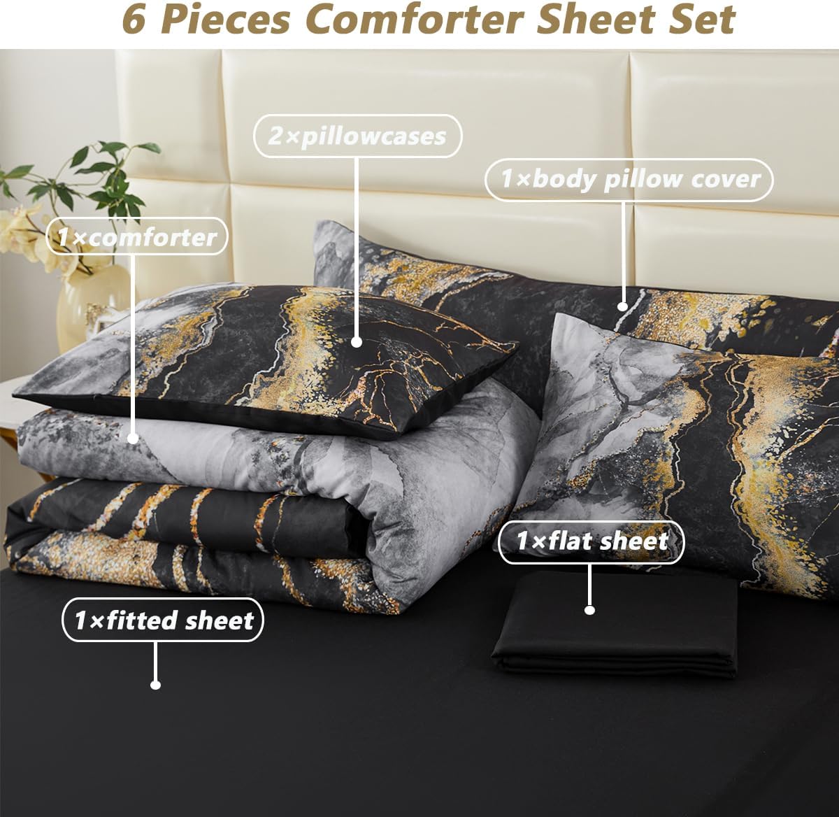 PERFEMET 6pcs Full Bed Comforter Set with Marble Print Design