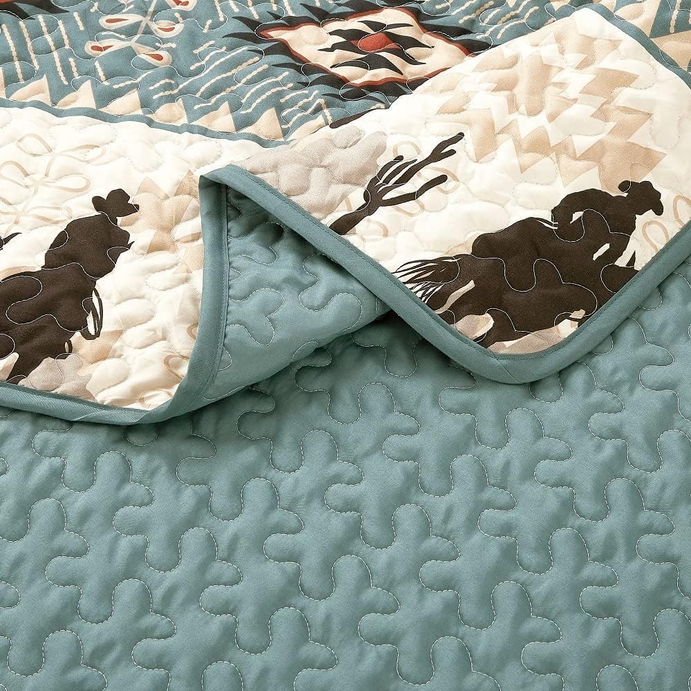 Jaba Western Teal Beige Burgundy Quilt Set - Queen